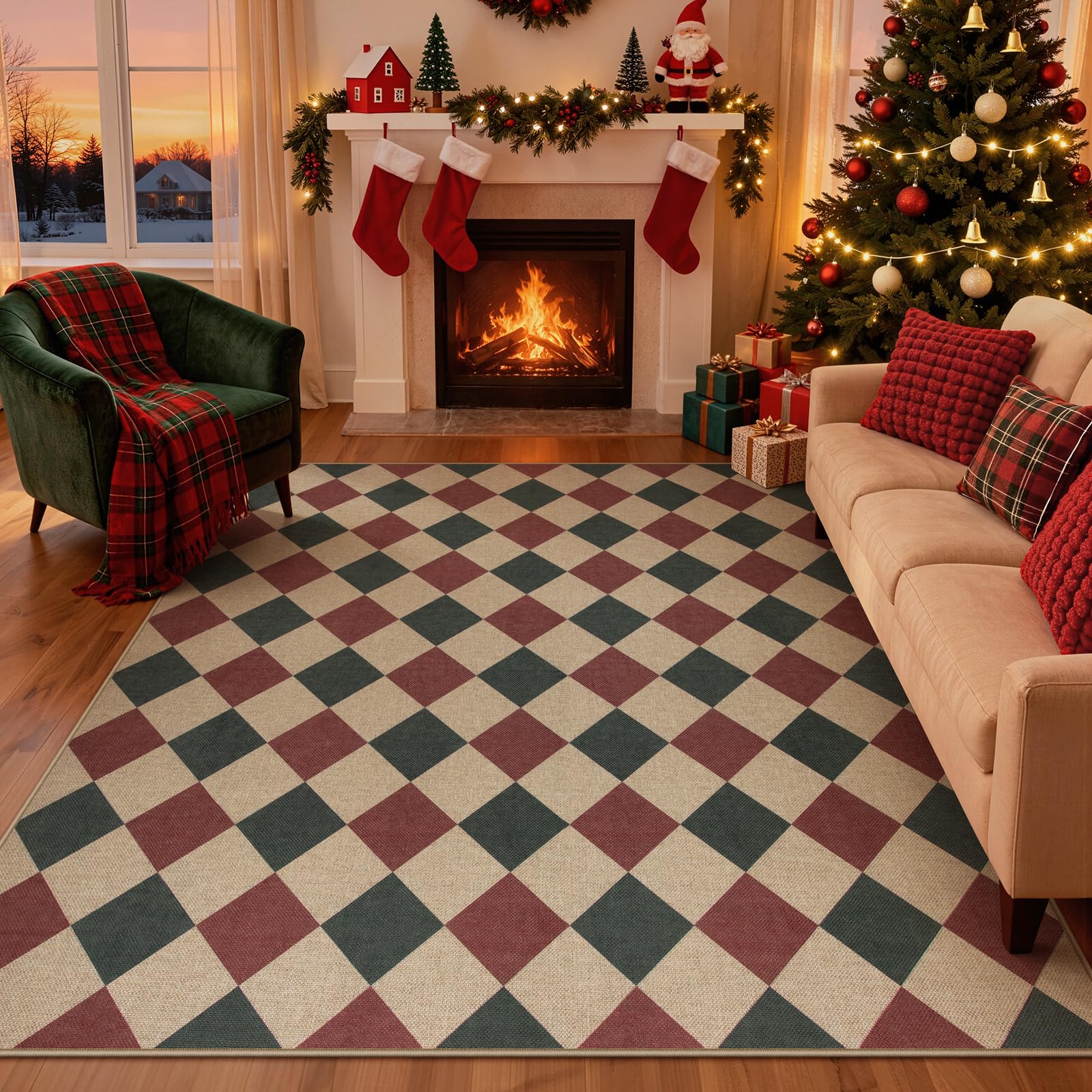 Lahome Checkered Easy Jute 5x7 Area Rugs, Washable Outdoor Patio Rug for Living Room Diamond Indoor Outdoor Carpet, Farmhouse Geometric Non Slip Black Carpet for Backyard Dining Room