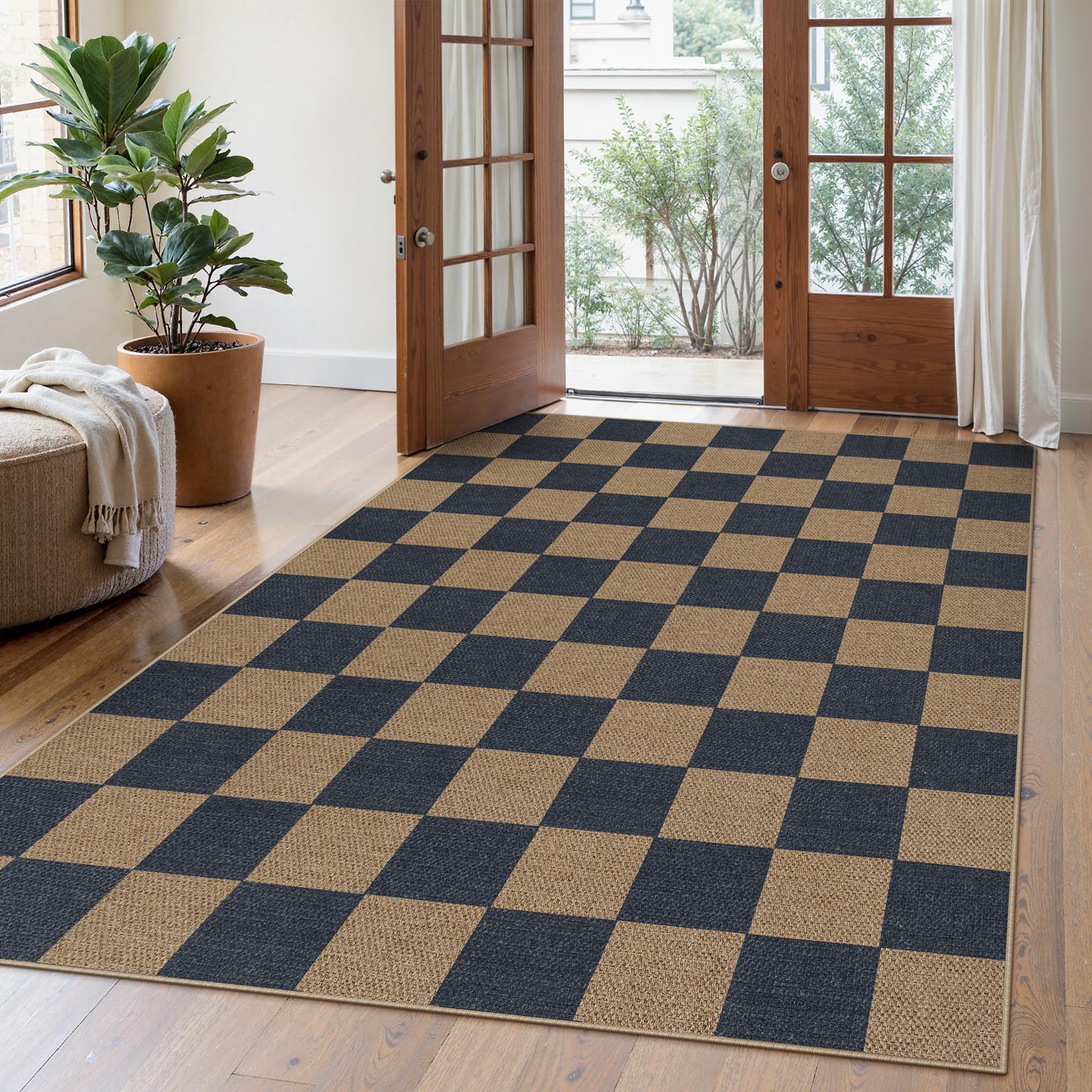 Lahome Checkered Easy Jute 5x7 Area Rugs, Washable Outdoor Patio Rug for Living Room Diamond Indoor Outdoor Carpet, Farmhouse Geometric Non Slip Black Carpet for Backyard Dining Room