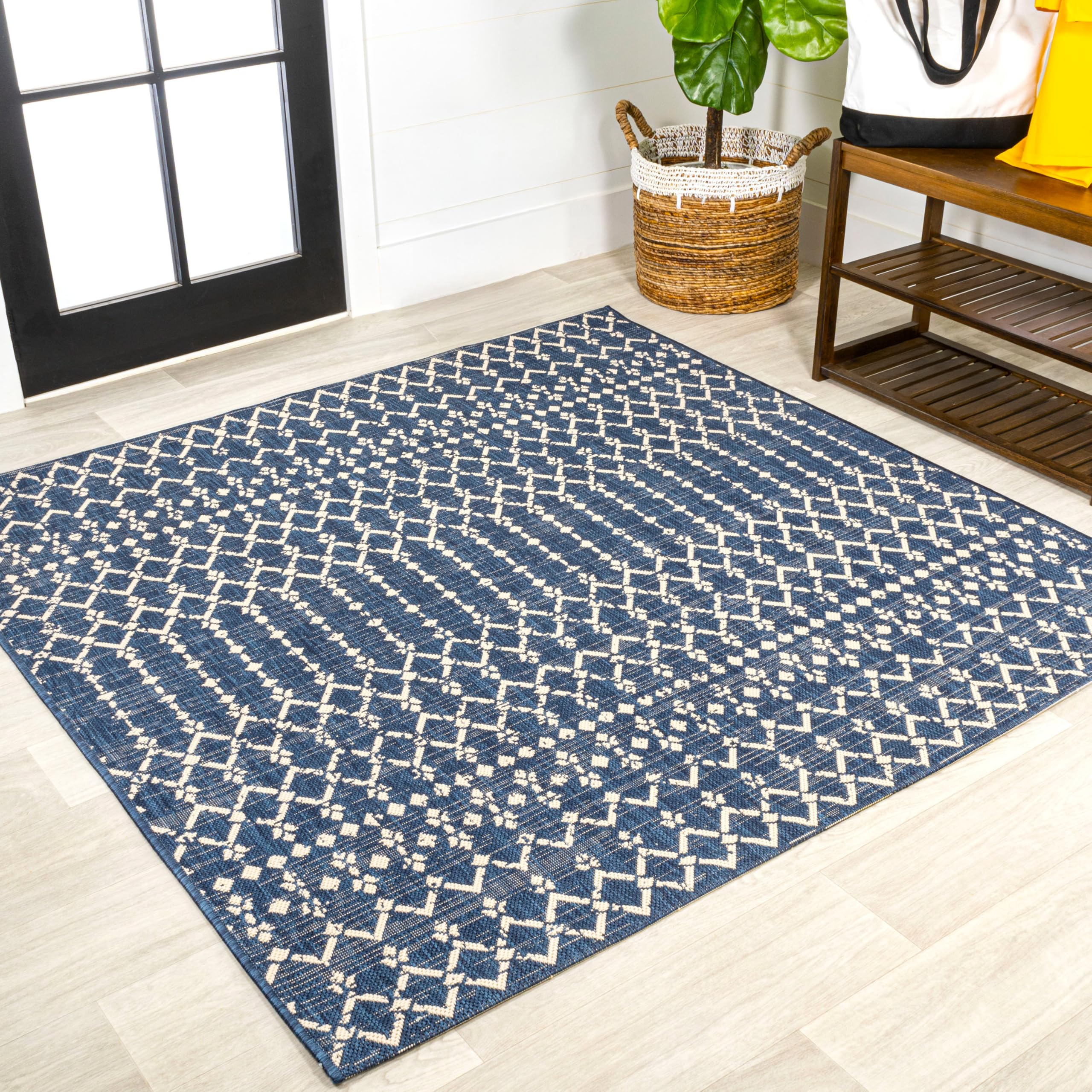 JONATHAN Y Moroccan Geometric Indoor Outdoor Area Rug 8X10 Navy/Light Gray, Ourika Textured Weave for Backyard, Patio, Porch, Easy-Cleaning, High Traffic, Pet-Friendly, Non-Shedding (SMB108B-8)