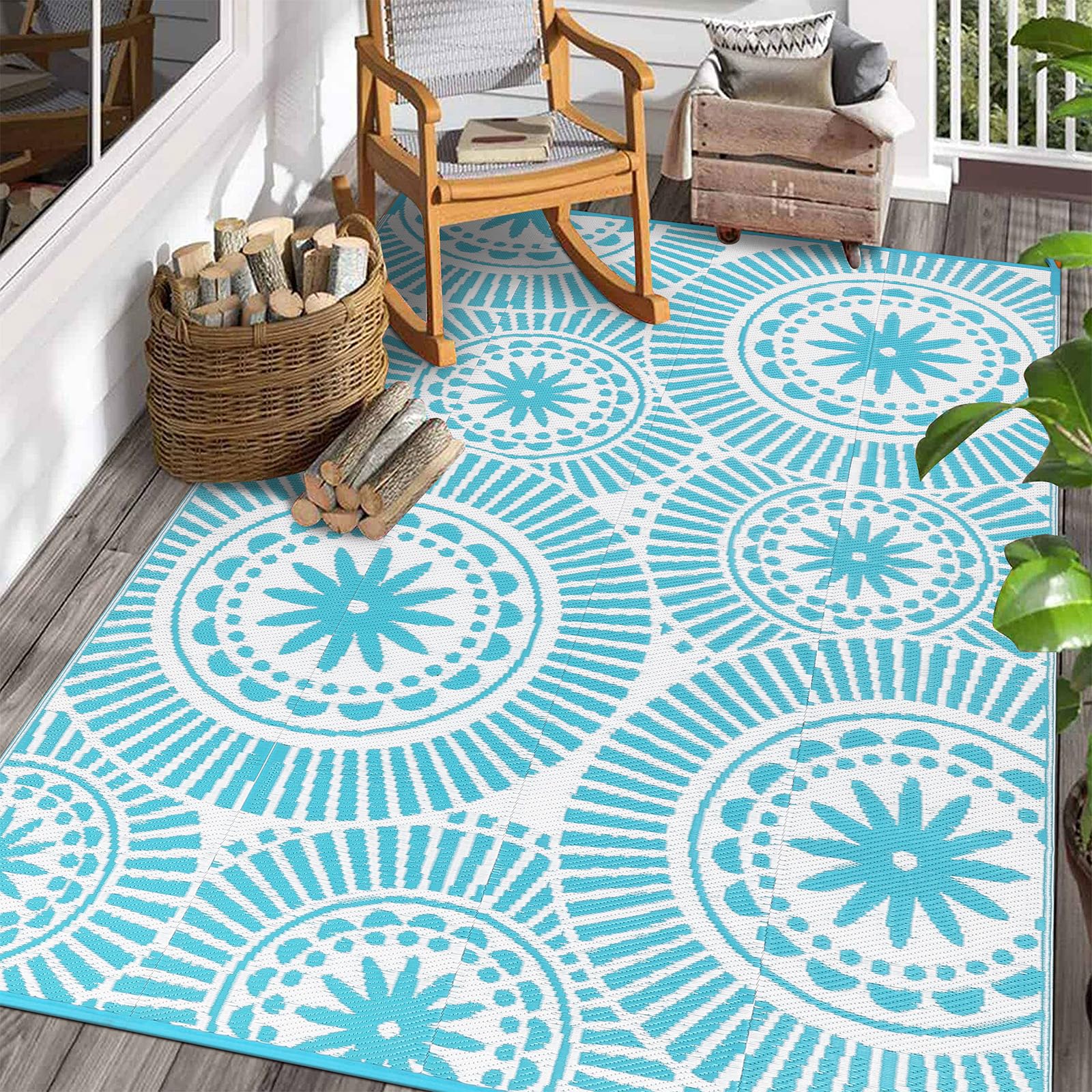 Ileading Reversible Plastic Outdoor Rug Modern Geometric Style Patio Straw Mat Waterproof Deck Carpets Non Shedding Portable Area Rugs for RV Beach Backyard Outside Pool Picnic Camping(6'x9'Grey)