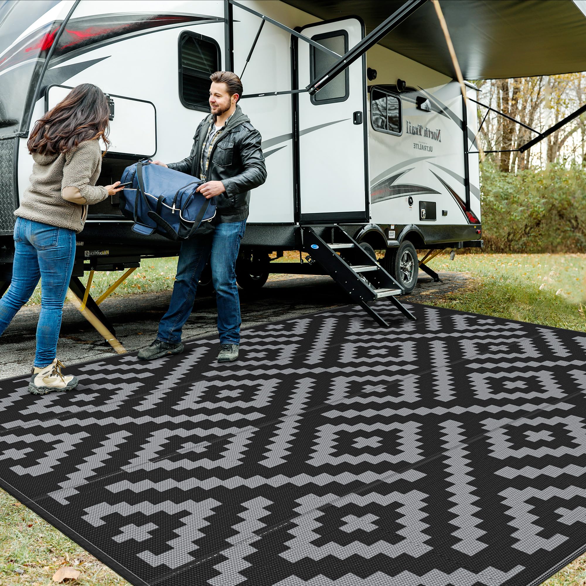 GENIMO 5x8 Outdoor Rug Waterproof, Reversible Mats, Area Rug, Plastic Outside Carpet, Geometric Rv Mat for Patio Camping Rv Picnic Backyard Deck Balcony Porch Beach Trailer (Black & Brown)