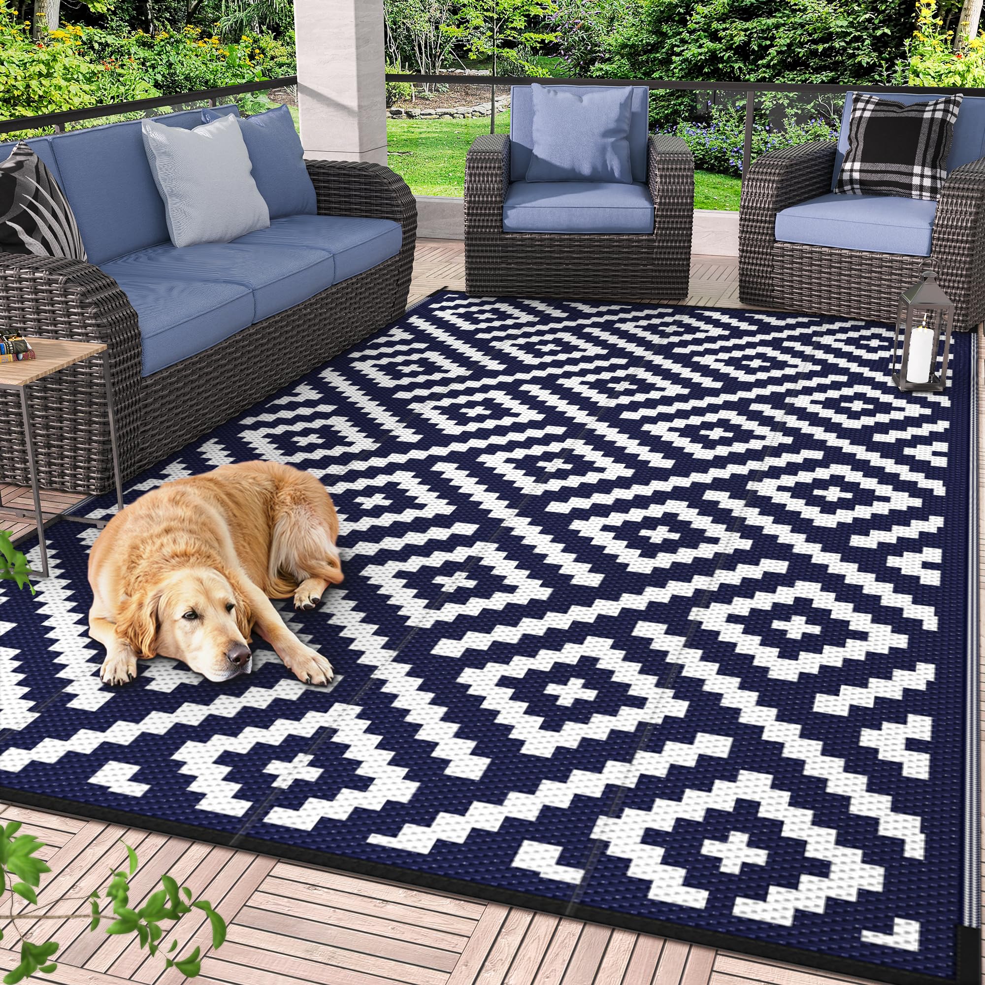 GENIMO 5x8 Outdoor Rug Waterproof, Reversible Mats, Area Rug, Plastic Outside Carpet, Geometric Rv Mat for Patio Camping Rv Picnic Backyard Deck Balcony Porch Beach Trailer (Black & Brown)