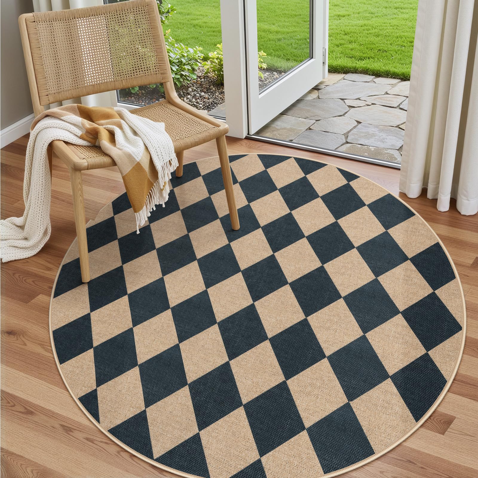Lahome Checkered Easy Jute 5x7 Area Rugs, Washable Outdoor Patio Rug for Living Room Diamond Indoor Outdoor Carpet, Farmhouse Geometric Non Slip Black Carpet for Backyard Dining Room