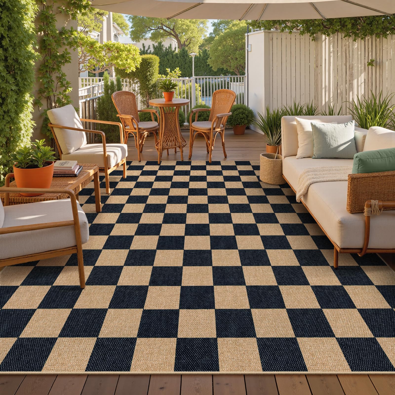 Lahome Checkered Easy Jute 5x7 Area Rugs, Washable Outdoor Patio Rug for Living Room Diamond Indoor Outdoor Carpet, Farmhouse Geometric Non Slip Black Carpet for Backyard Dining Room