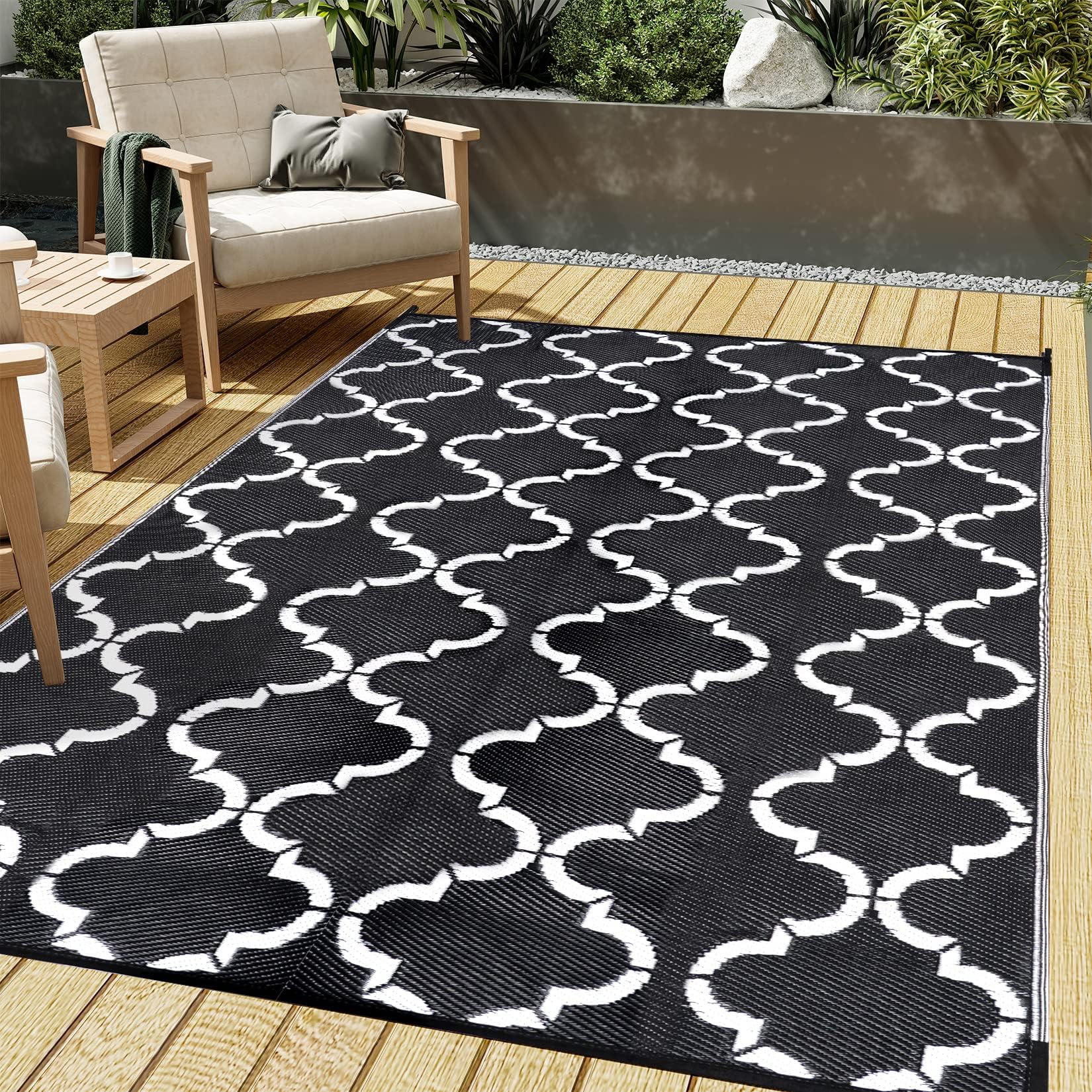 HUGEAR Outdoor Rug for Patios Clearance,Waterproof Mat,Large Outside Carpet,Reversible Plastic Straw Camping Rugs,Rv,Porch,Deck,Camper,Balcony,Backyard (9x12,Checkered/Black&Beige)