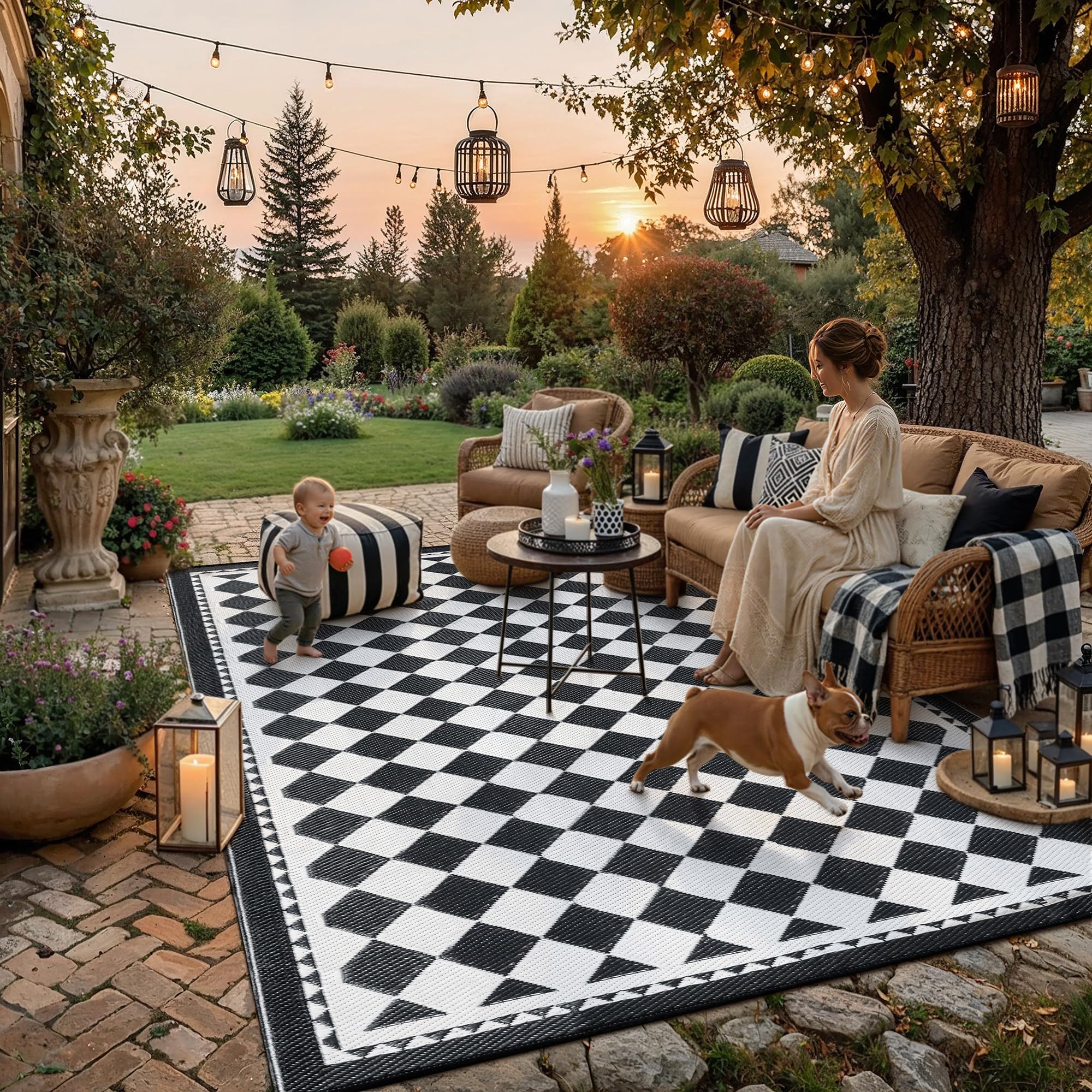 HUGEAR Outdoor Rug for Patios Clearance,Waterproof Mat,Large Outside Carpet,Reversible Plastic Straw Camping Rugs,Rv,Porch,Deck,Camper,Balcony,Backyard (9x12,Checkered/Black&Beige)