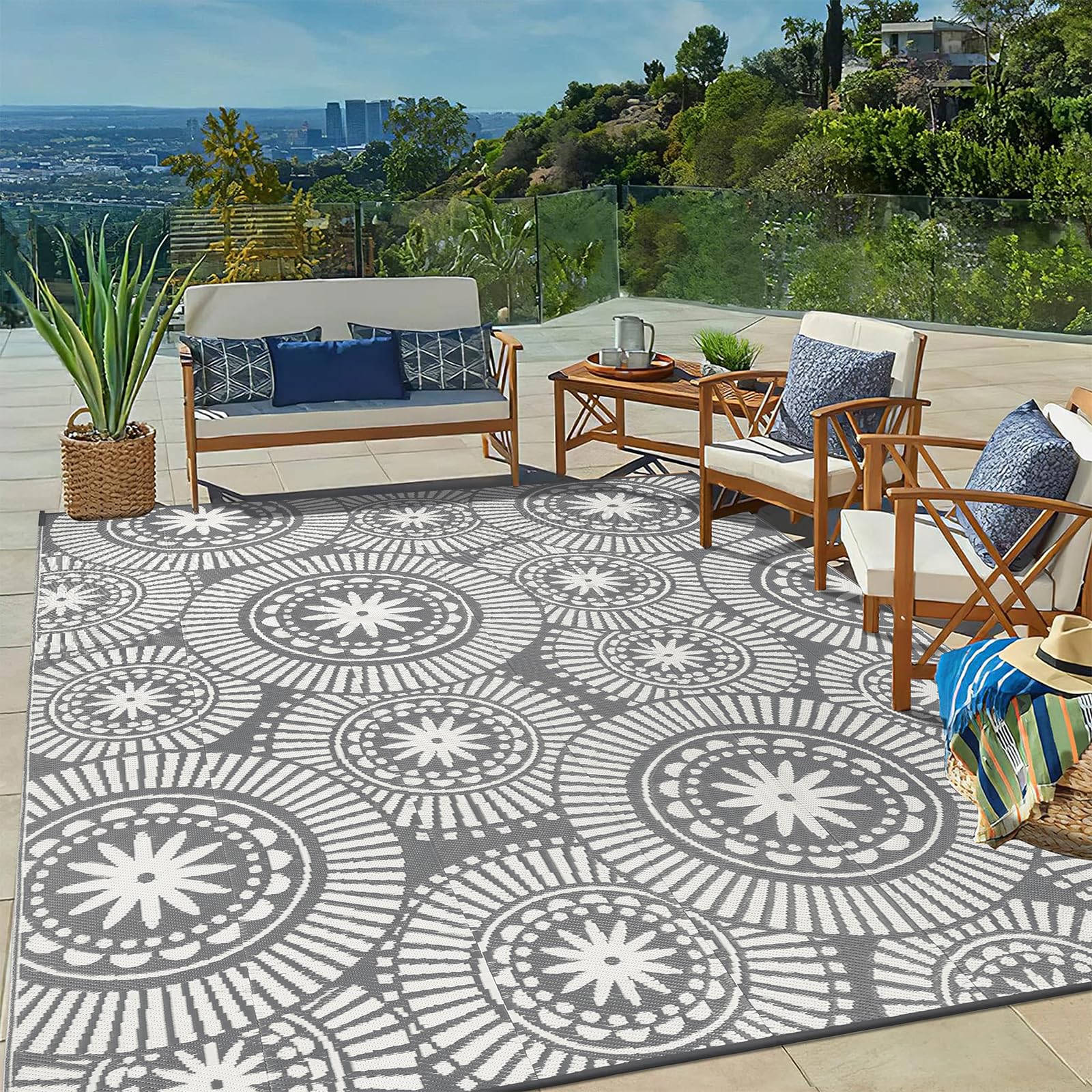 Ileading Reversible Plastic Outdoor Rug Modern Geometric Style Patio Straw Mat Waterproof Deck Carpets Non Shedding Portable Area Rugs for RV Beach Backyard Outside Pool Picnic Camping(6'x9'Grey)