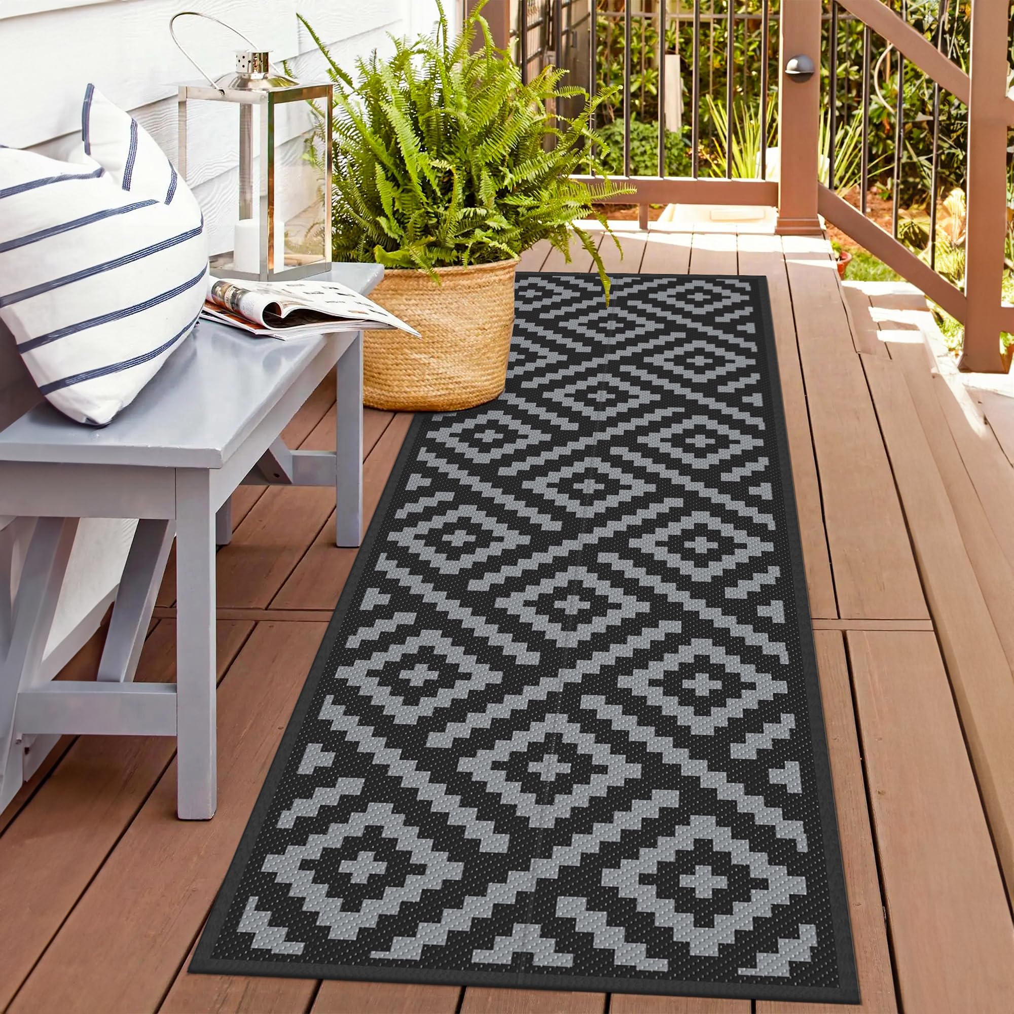 GENIMO Outdoor Rug for Patio Clearance,6'x9' Waterproof Mat,Reversible Plastic Camping Rugs,Rv,Deck,Porch,Camper,Balcony,Backyard (Black & Beige)