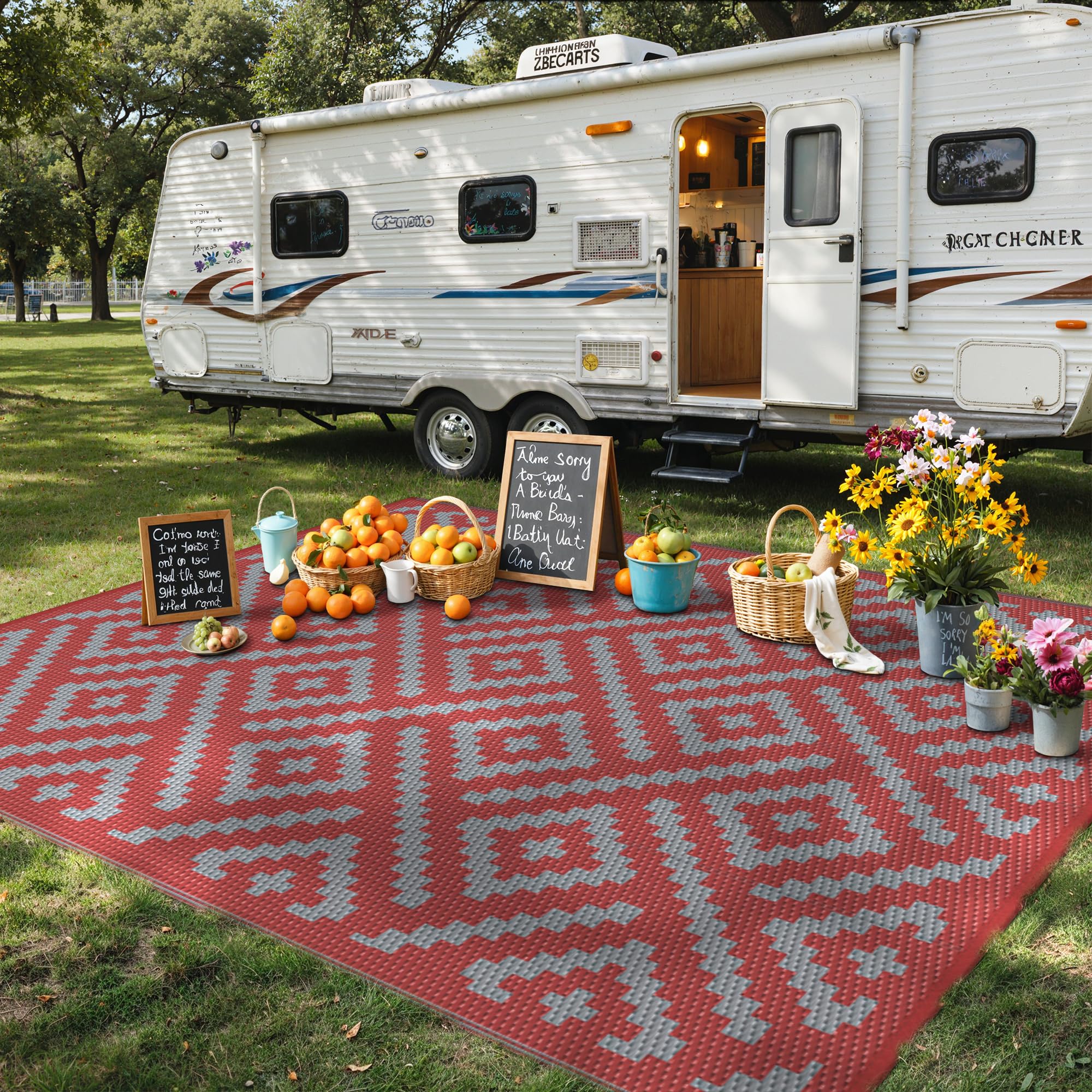 GENIMO Outdoor Rug for Patio Clearance,6'x9' Waterproof Mat,Reversible Plastic Camping Rugs,Rv,Deck,Porch,Camper,Balcony,Backyard (Black & Beige)