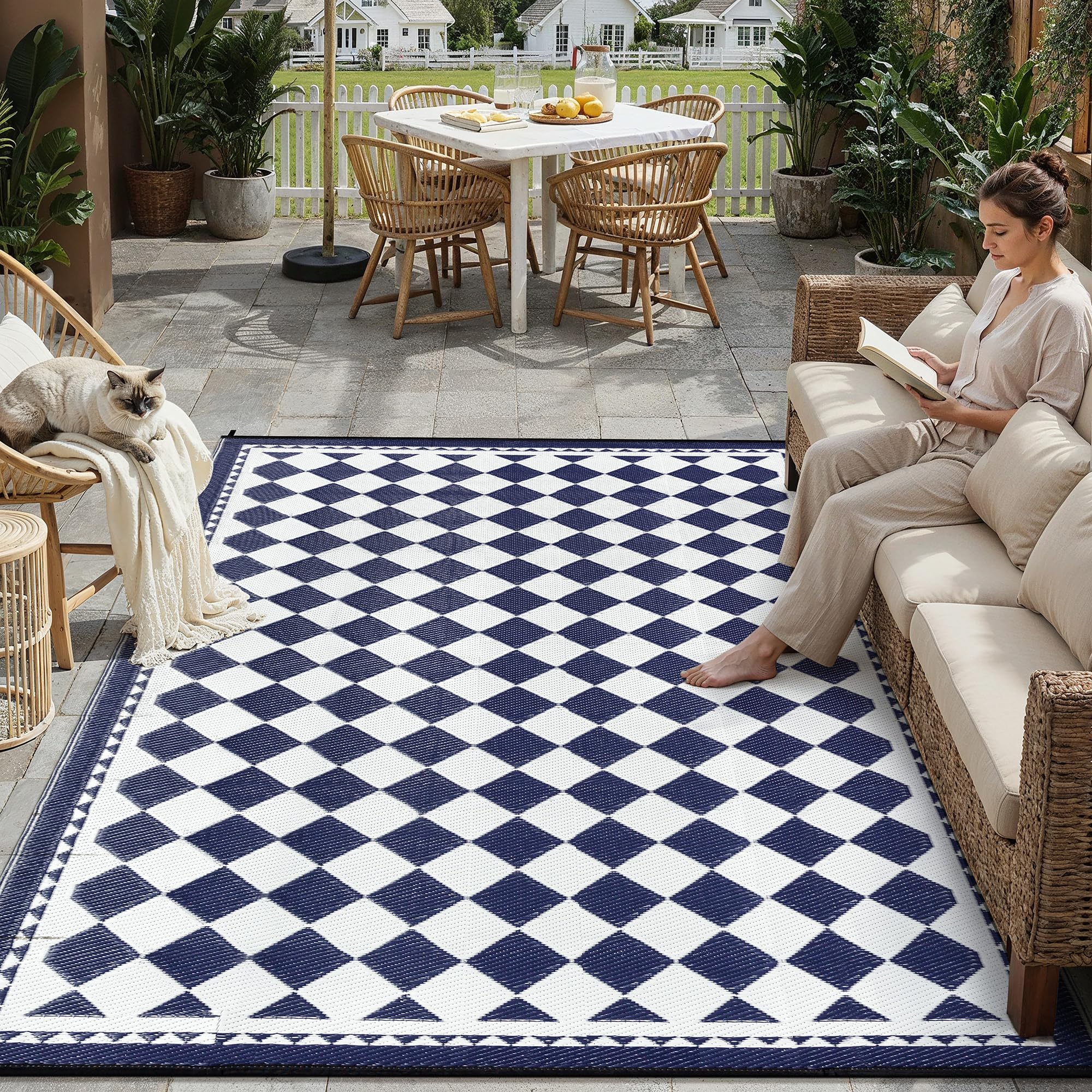 HUGEAR Outdoor Rug for Patios Clearance,Waterproof Mat,Large Outside Carpet,Reversible Plastic Straw Camping Rugs,Rv,Porch,Deck,Camper,Balcony,Backyard (9x12,Checkered/Black&Beige)