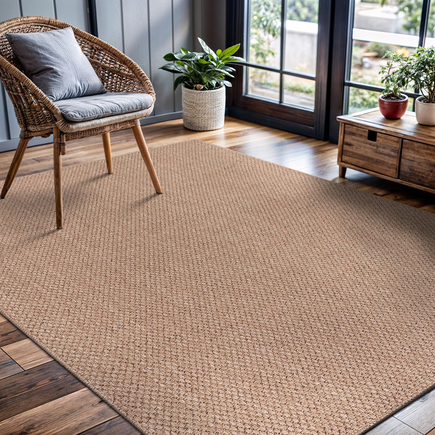 CAMILSON Easy Jute Rug 5x7, Indoor Outdoor Natural Color Fiber Area Rugs for Living Room Patio and Kitchen Rug Herringbone Seagrass Woven Design Easy-Cleaning Washable Outside Carpet Alfombras 5 x 7
