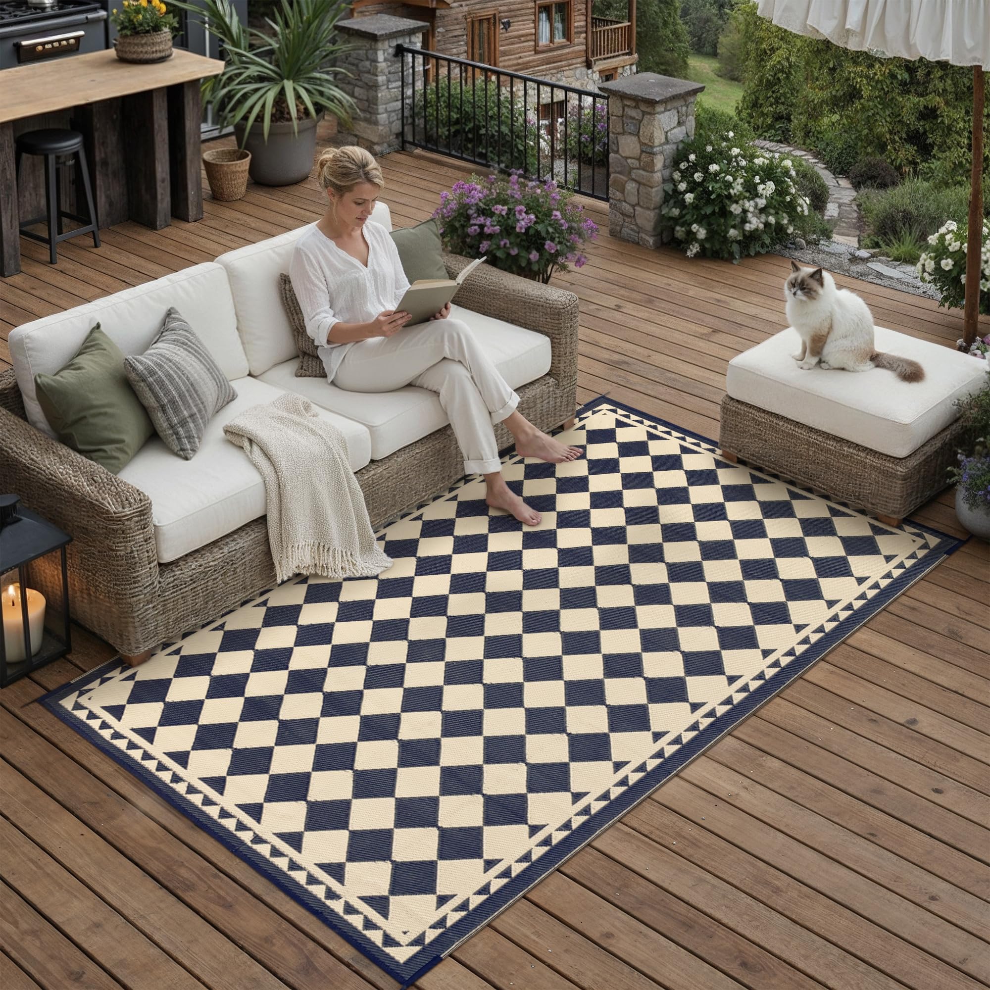 HUGEAR Outdoor Rug for Patios Clearance,Waterproof Mat,Large Outside Carpet,Reversible Plastic Straw Camping Rugs,Rv,Porch,Deck,Camper,Balcony,Backyard (9x12,Checkered/Black&Beige)