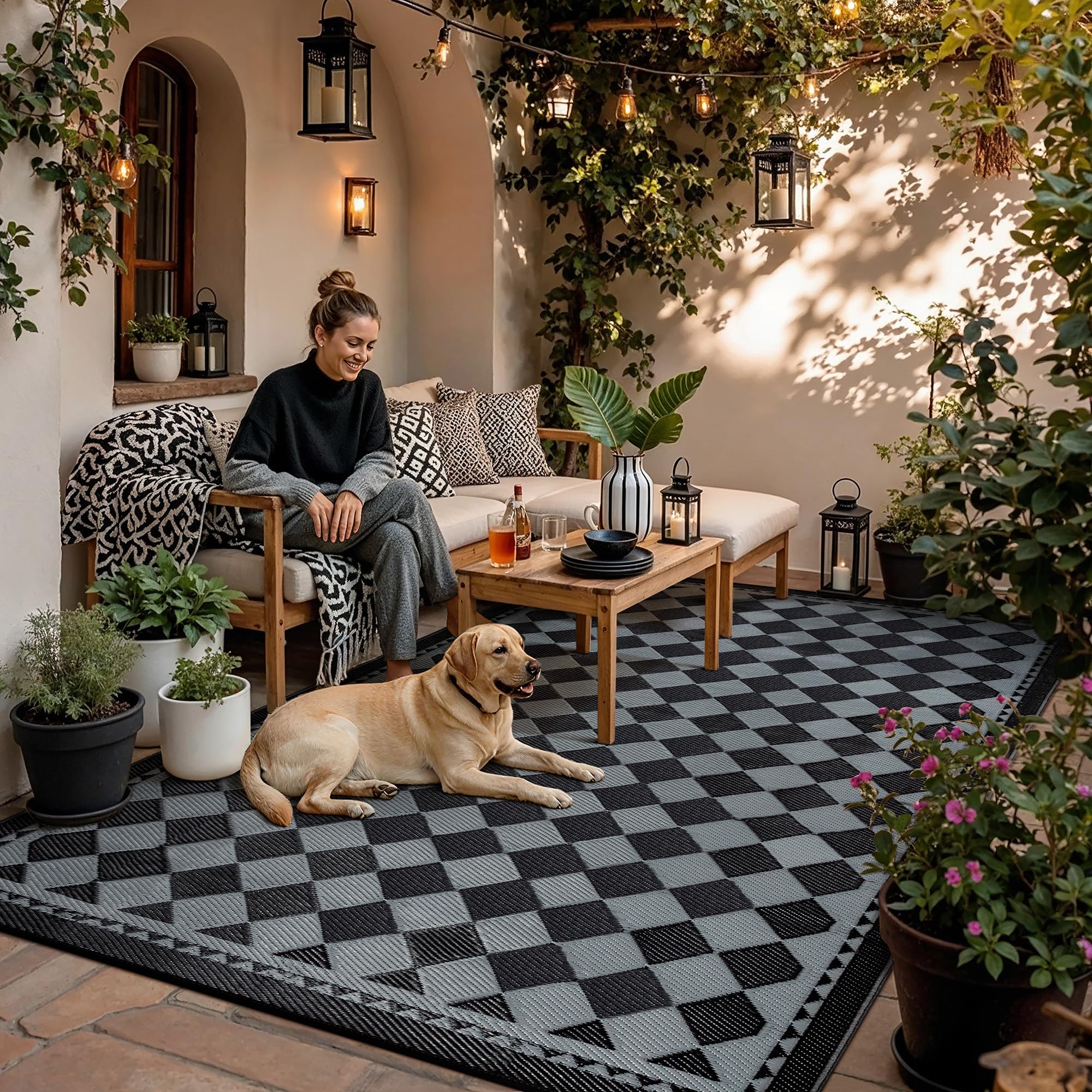 HUGEAR Outdoor Rug for Patios Clearance,Waterproof Mat,Large Outside Carpet,Reversible Plastic Straw Camping Rugs,Rv,Porch,Deck,Camper,Balcony,Backyard (9x12,Checkered/Black&Beige)