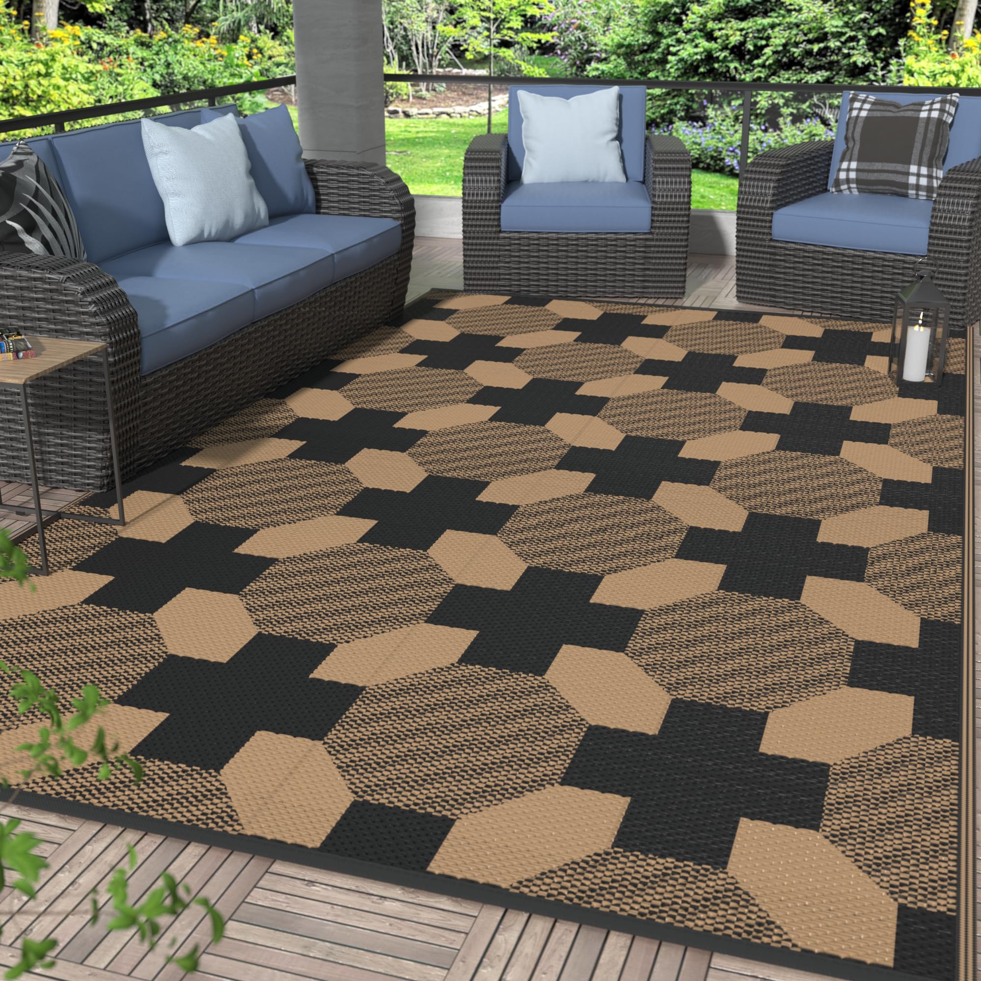 GENIMO 5x8 Outdoor Rug Waterproof, Reversible Mats, Area Rug, Plastic Outside Carpet, Geometric Rv Mat for Patio Camping Rv Picnic Backyard Deck Balcony Porch Beach Trailer (Black & Brown)