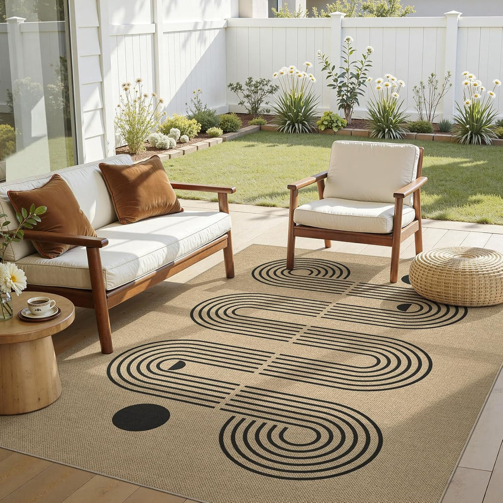 5x7 Outdoor Jute Area Rug Patio, Farmhouse Rugs for Living Room Backyard Machine Washable Non Slip, Pet Friendly Indoor Geometric Carpet for Dining Room - Brown