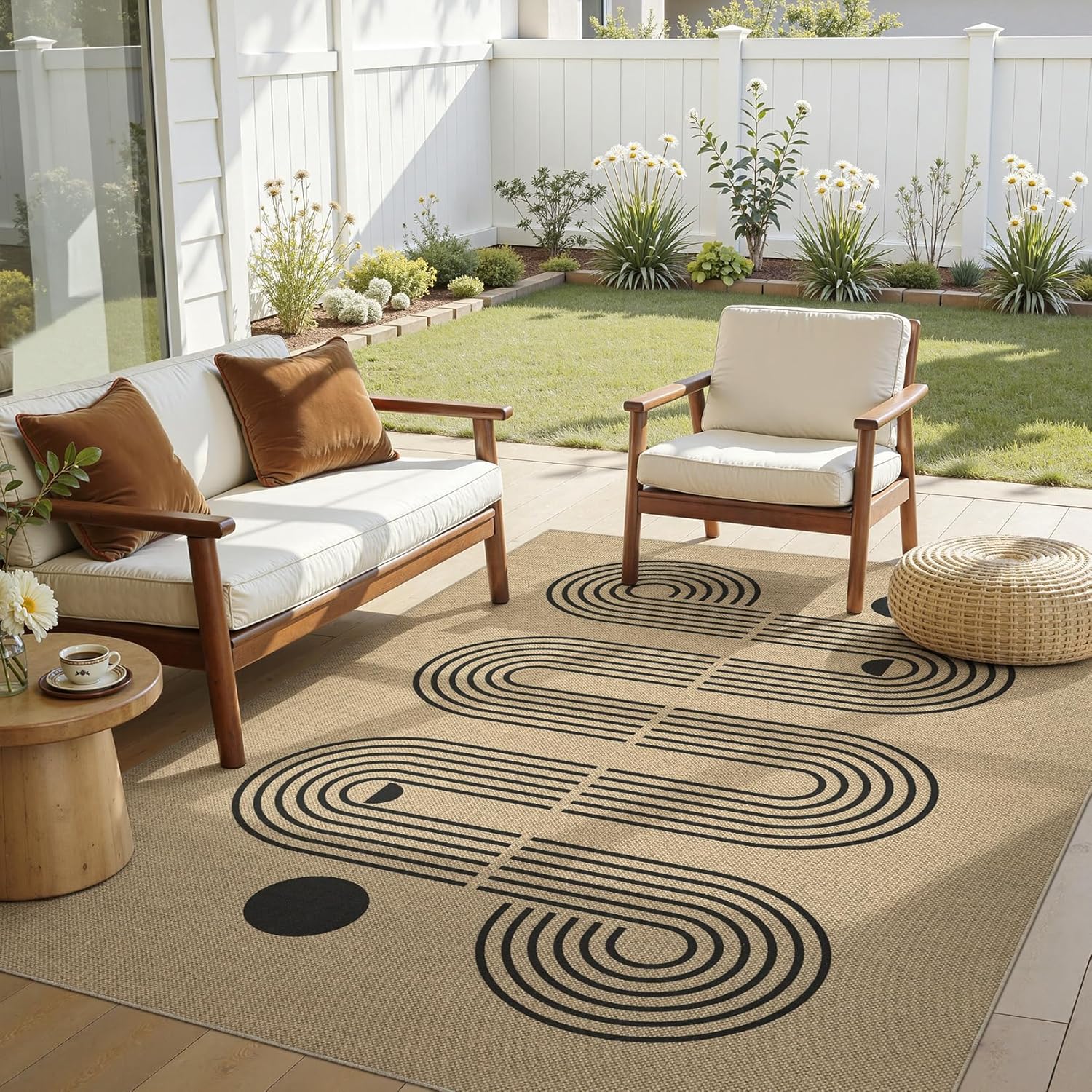 5x7 Outdoor Jute Area Rug Patio, Farmhouse Rugs for Living Room Backyard Machine Washable Non Slip, Pet Friendly Indoor Geometric Carpet for Dining Room - Brown