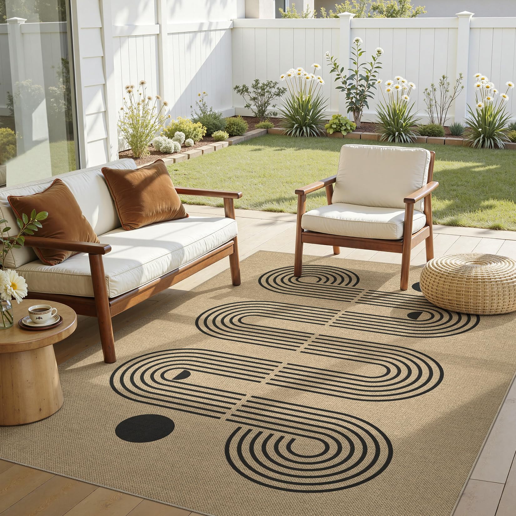 5x7 Outdoor Jute Area Rug Patio, Farmhouse Rugs for Living Room Backyard Machine Washable Non Slip, Pet Friendly Indoor Geometric Carpet for Dining Room - Brown