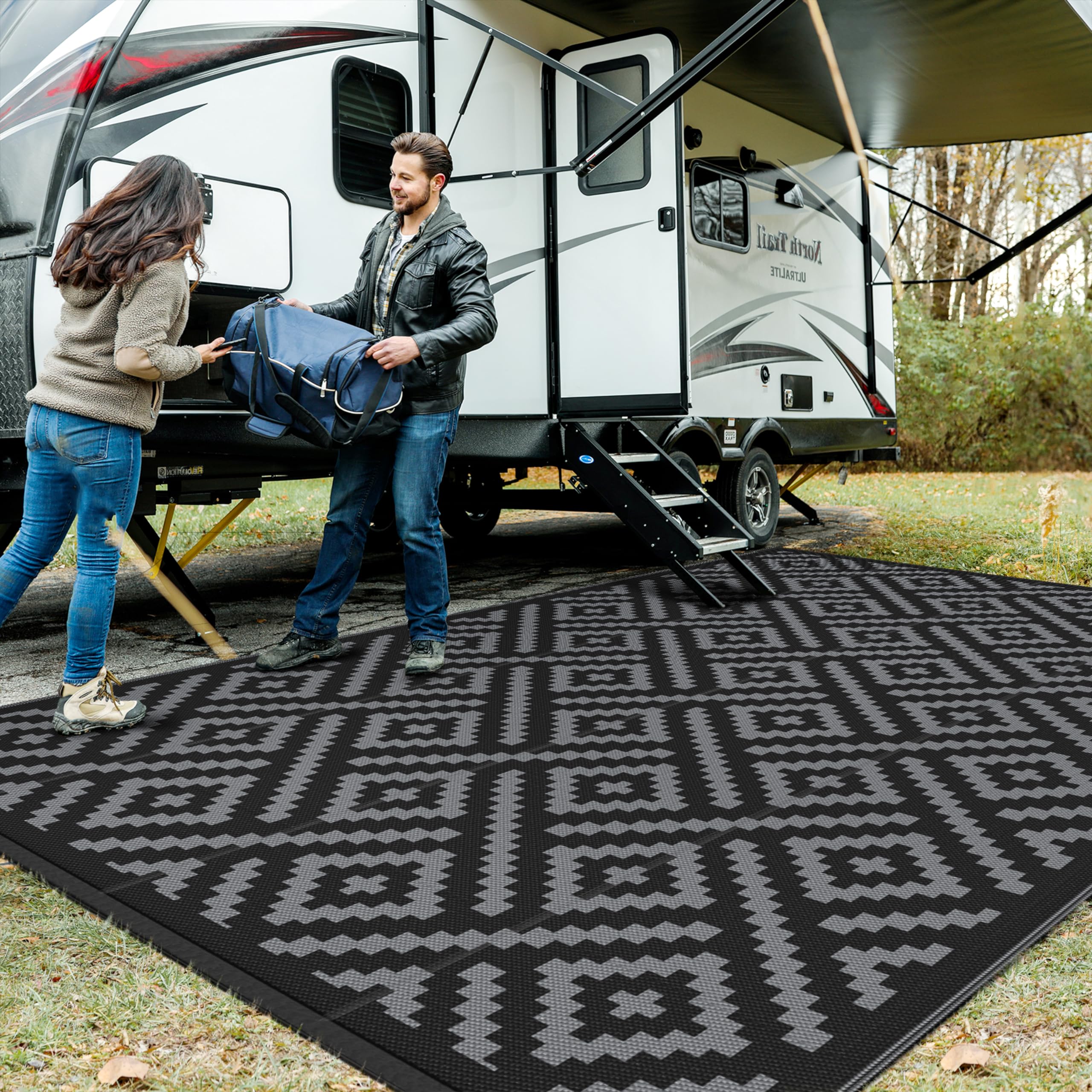 GENIMO 5x8 Outdoor Rug Waterproof, Reversible Mats, Area Rug, Plastic Outside Carpet, Geometric Rv Mat for Patio Camping Rv Picnic Backyard Deck Balcony Porch Beach Trailer (Black & Brown)