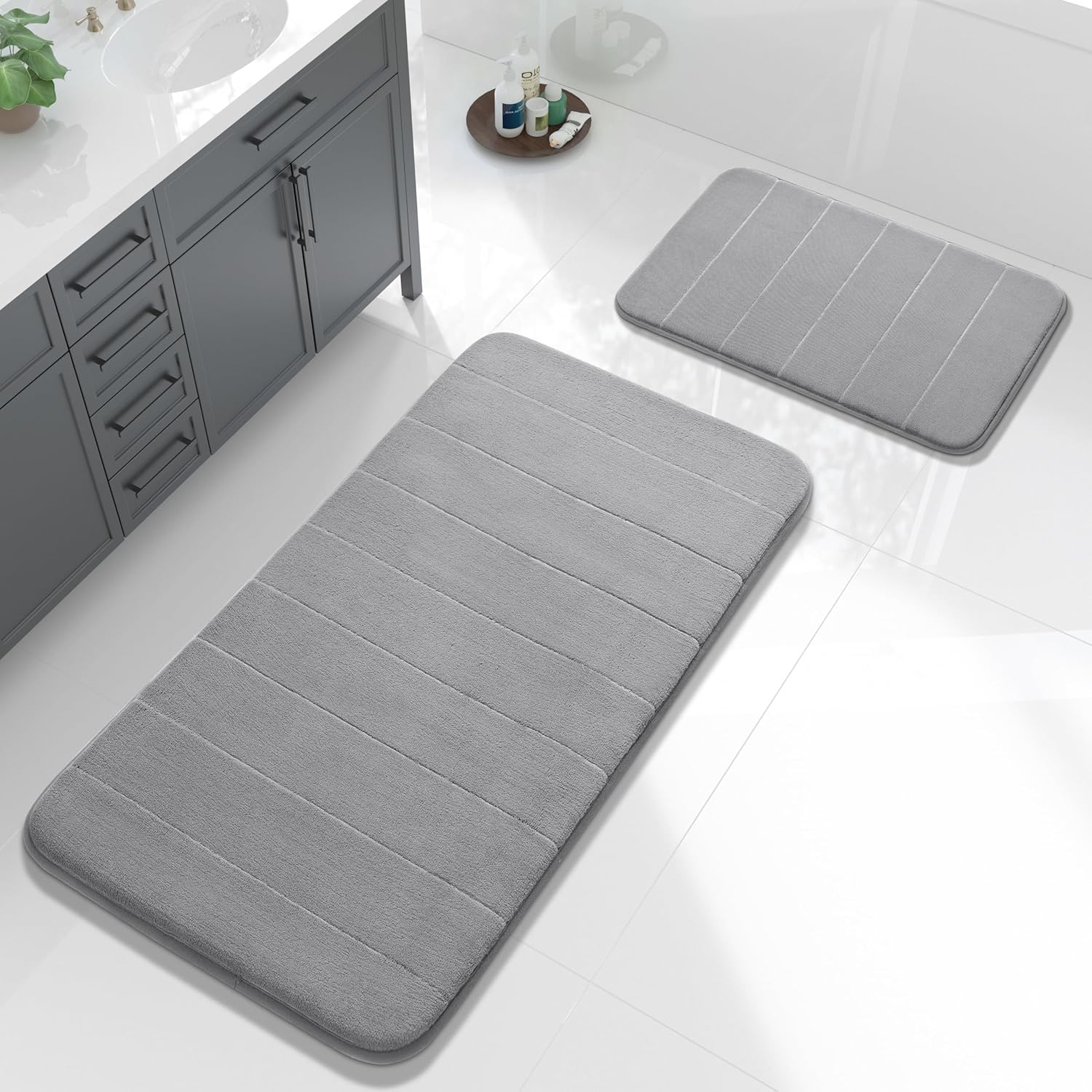 Yimobra Memory Foam Bathroom Rugs Sets 2 Piece - Super Soft Absorbent Quick Dry Bath Mat Set, Machine Washable Non Slip Floor Carpet for Tub Shower & Single Sink (17x24 & 31.5x20 Inch, Dark Gray)
