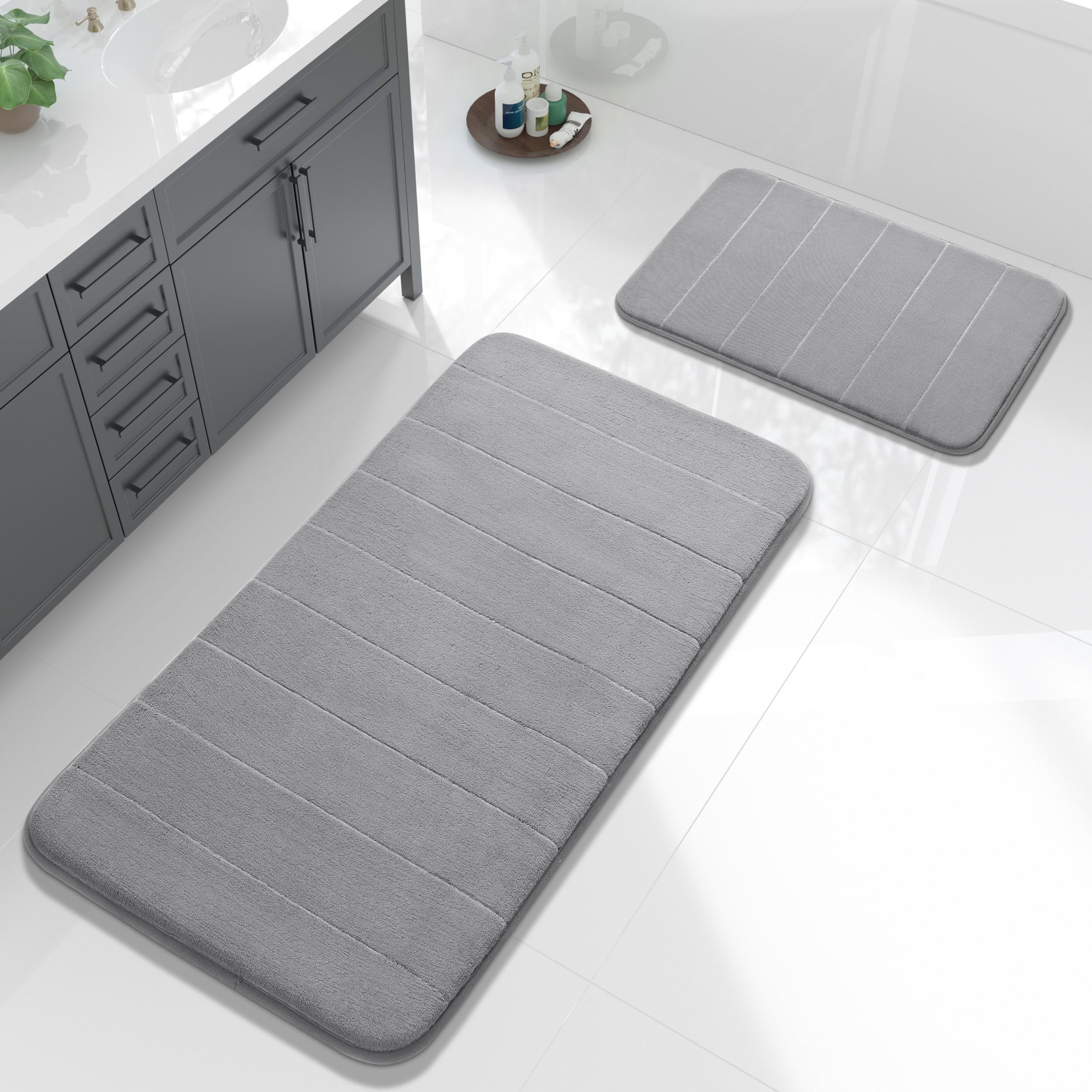 Yimobra Memory Foam Bath Mat Set 2 Piece - Super Soft Absorbent Quick Dry Bathroom Toilet Rugs, Machine Washable Non Slip Floor Carpet for Tub Shower & Single Sink (31.5x20 & 24x20, Gray)