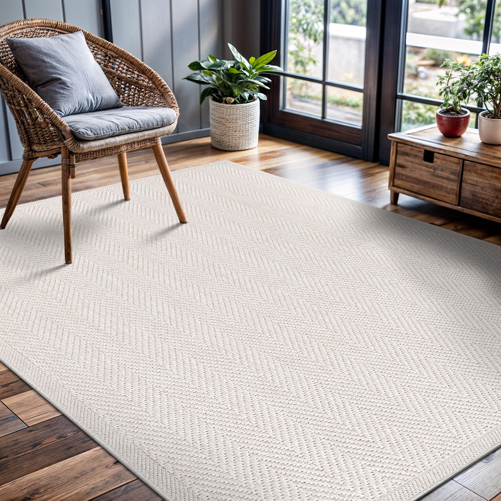 CAMILSON Easy Jute Rug 5x7, Indoor Outdoor Natural Color Fiber Area Rugs for Living Room Patio and Kitchen Rug Herringbone Seagrass Woven Design Easy-Cleaning Washable Outside Carpet Alfombras 5 x 7