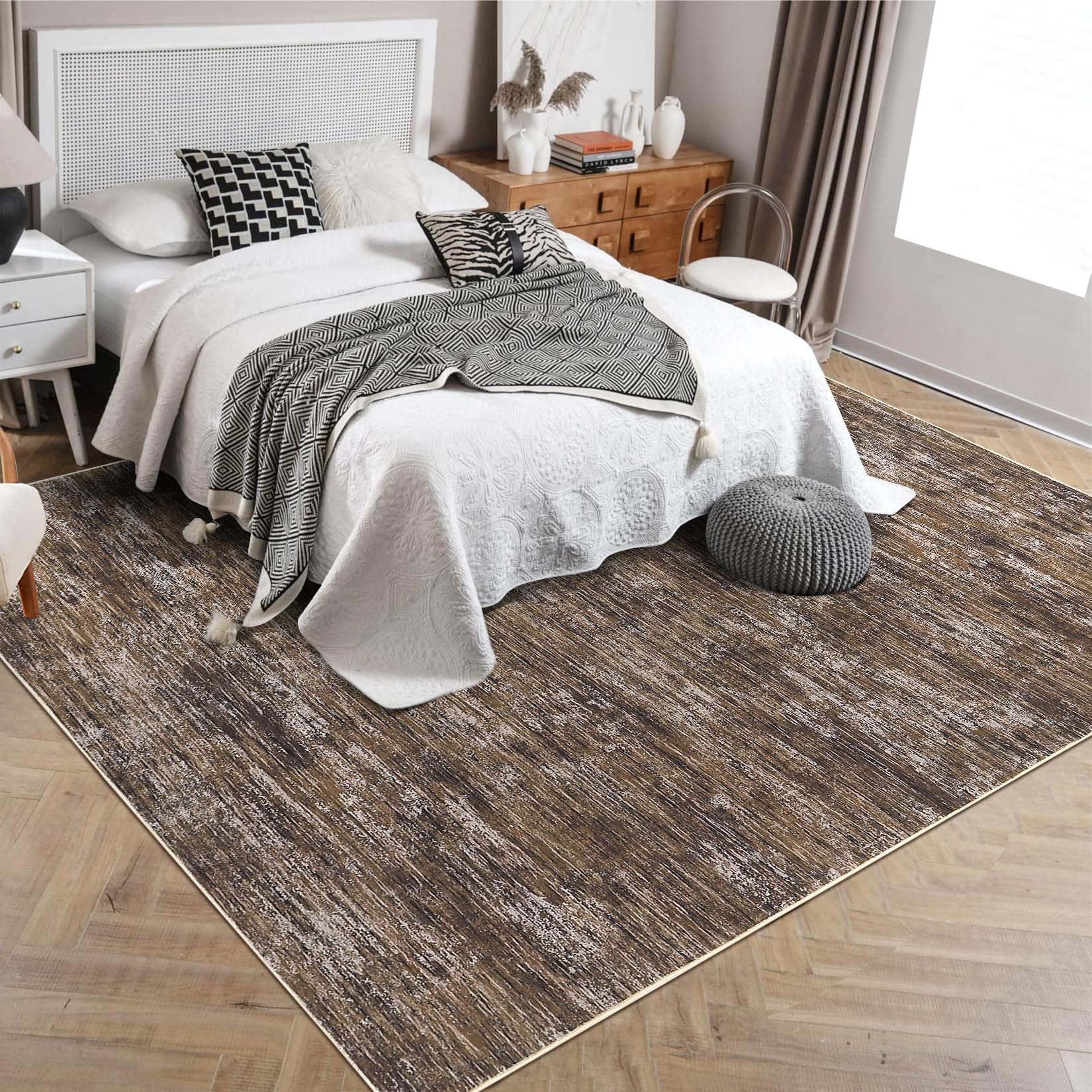 RUGSREAL 8x10 Washable Rug for Living Room Non-Slip Modern Abstract Area Rug Stain Resistant Large Bedroom Rug Contemporary Accent Throw Floor Carpet Solid Rug for Dining Room Home Decor, Beige
