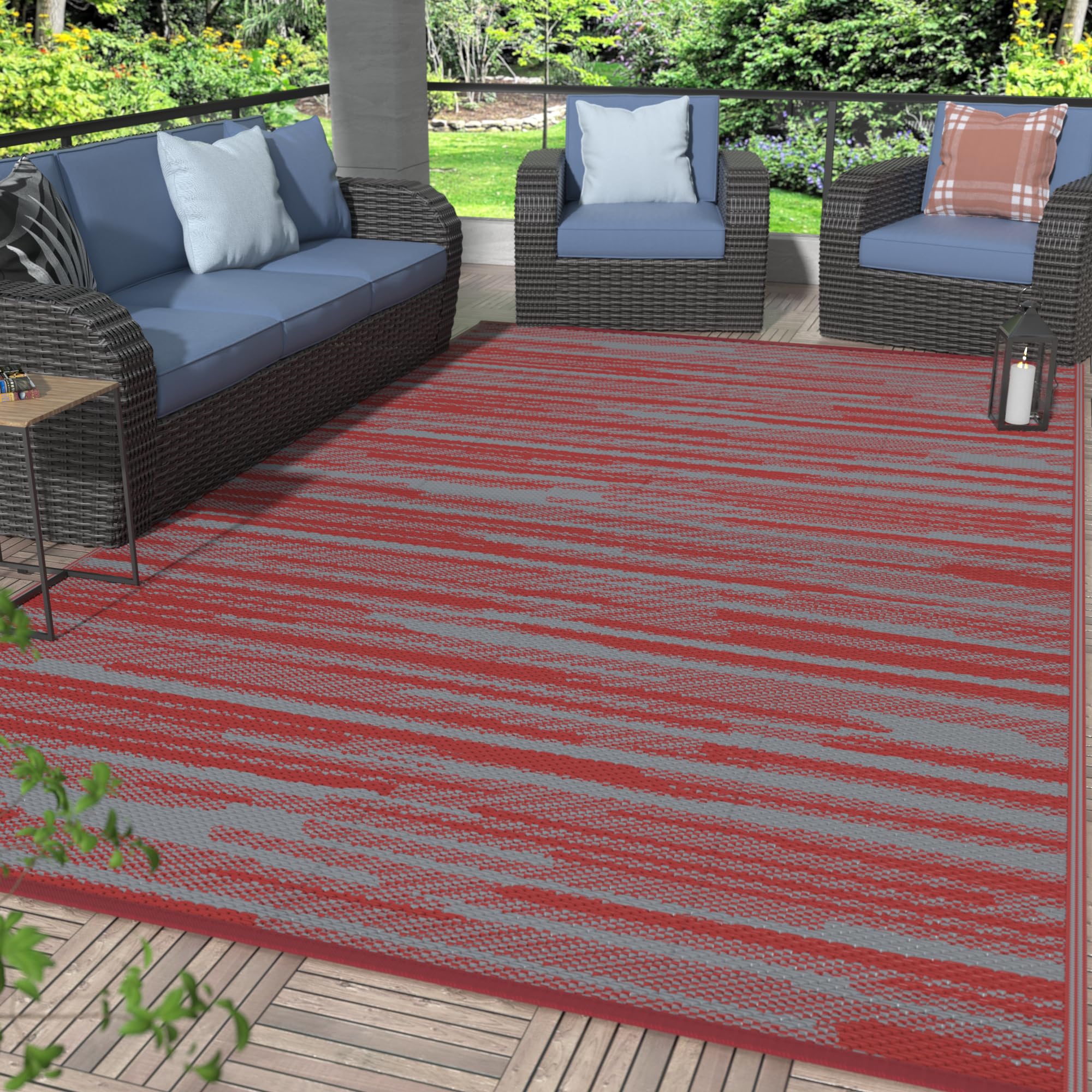 GENIMO 5x8 Outdoor Rug Waterproof, Reversible Mats, Area Rug, Plastic Outside Carpet, Geometric Rv Mat for Patio Camping Rv Picnic Backyard Deck Balcony Porch Beach Trailer (Black & Brown)