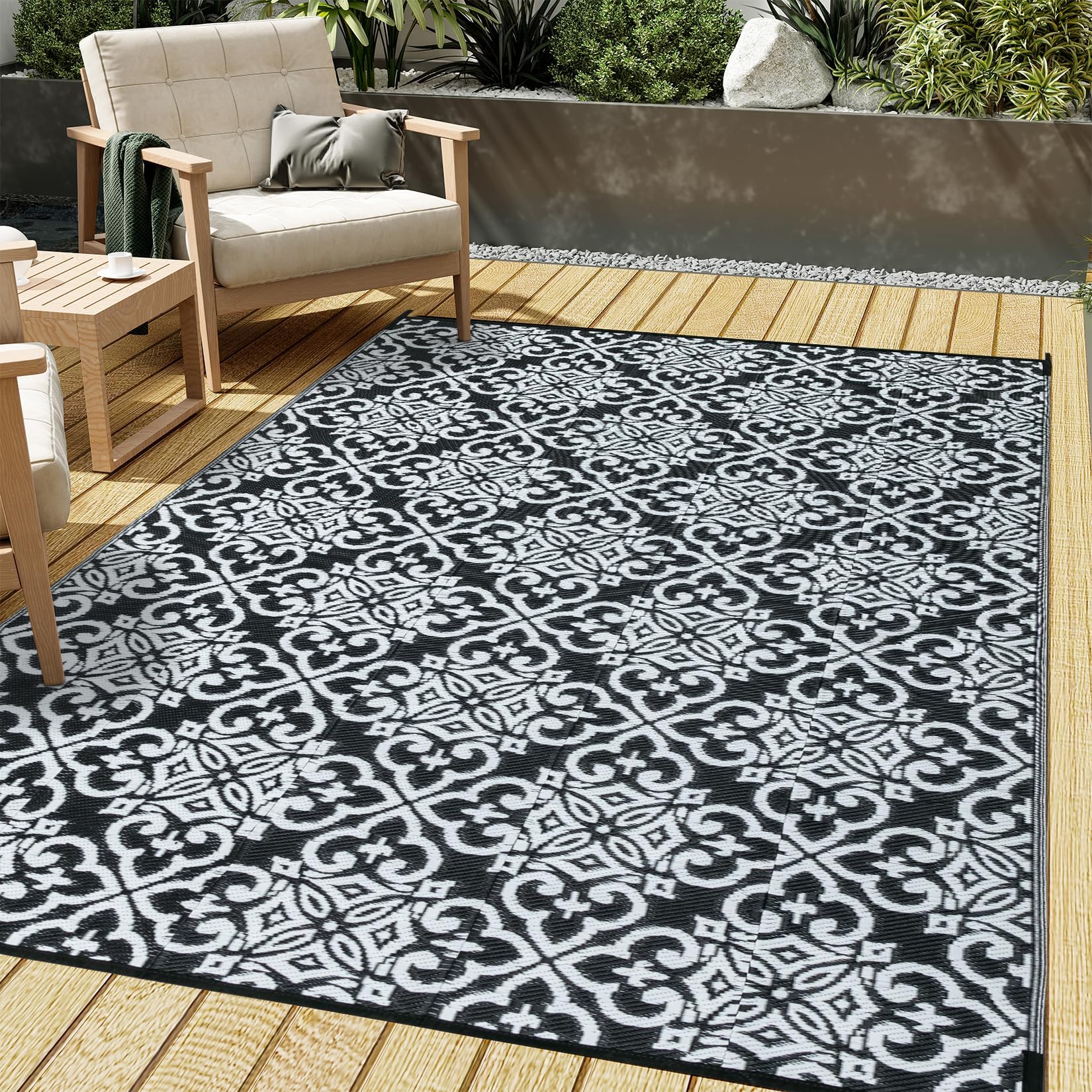 HUGEAR Outdoor Rug for Patios Clearance,Waterproof Mat,Large Outside Carpet,Reversible Plastic Straw Camping Rugs,Rv,Porch,Deck,Camper,Balcony,Backyard (9x12,Checkered/Black&Beige)