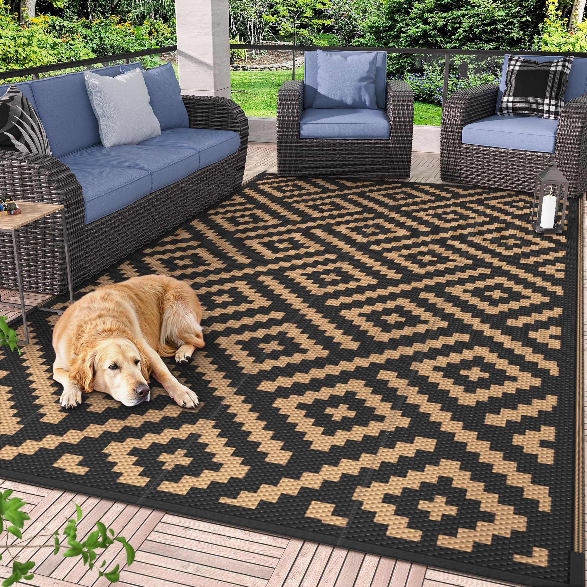 GENIMO 5x8 Outdoor Rug Waterproof, Reversible Mats, Area Rug, Plastic Outside Carpet, Geometric Rv Mat for Patio Camping Rv Picnic Backyard Deck Balcony Porch Beach Trailer (Black & Brown)