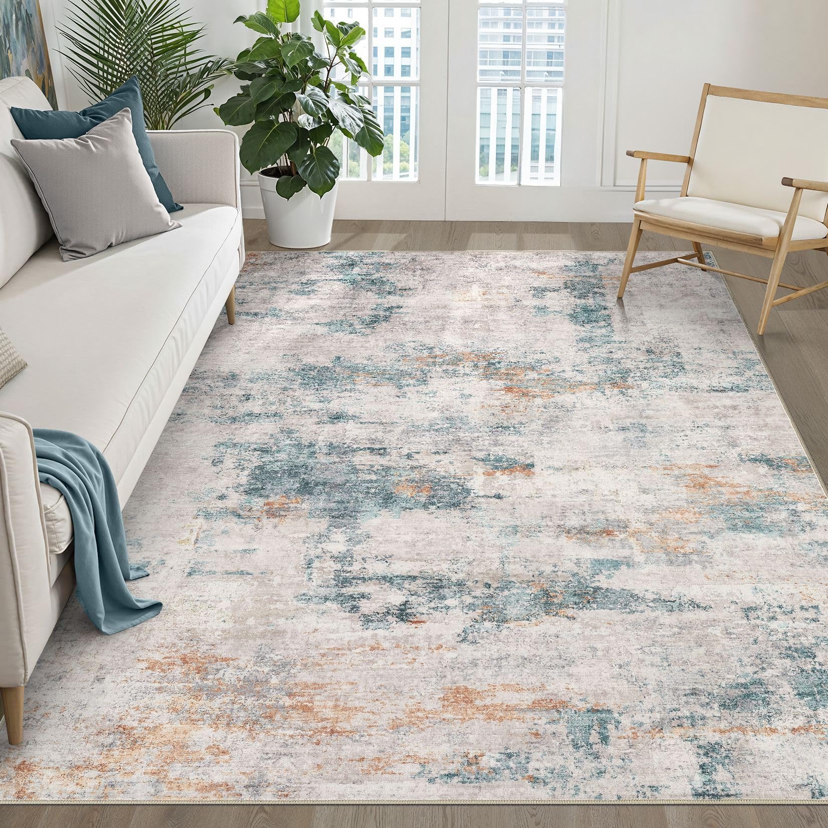 8x10 Area Rugs Living Room: Washable Large Neutral Brown Rug Abstract Soft Modern Stain Resistant Indoor Floor Non-Slip Carpet for Bedroom Nursery Kids Office Playroom Dining Room Under Table Home