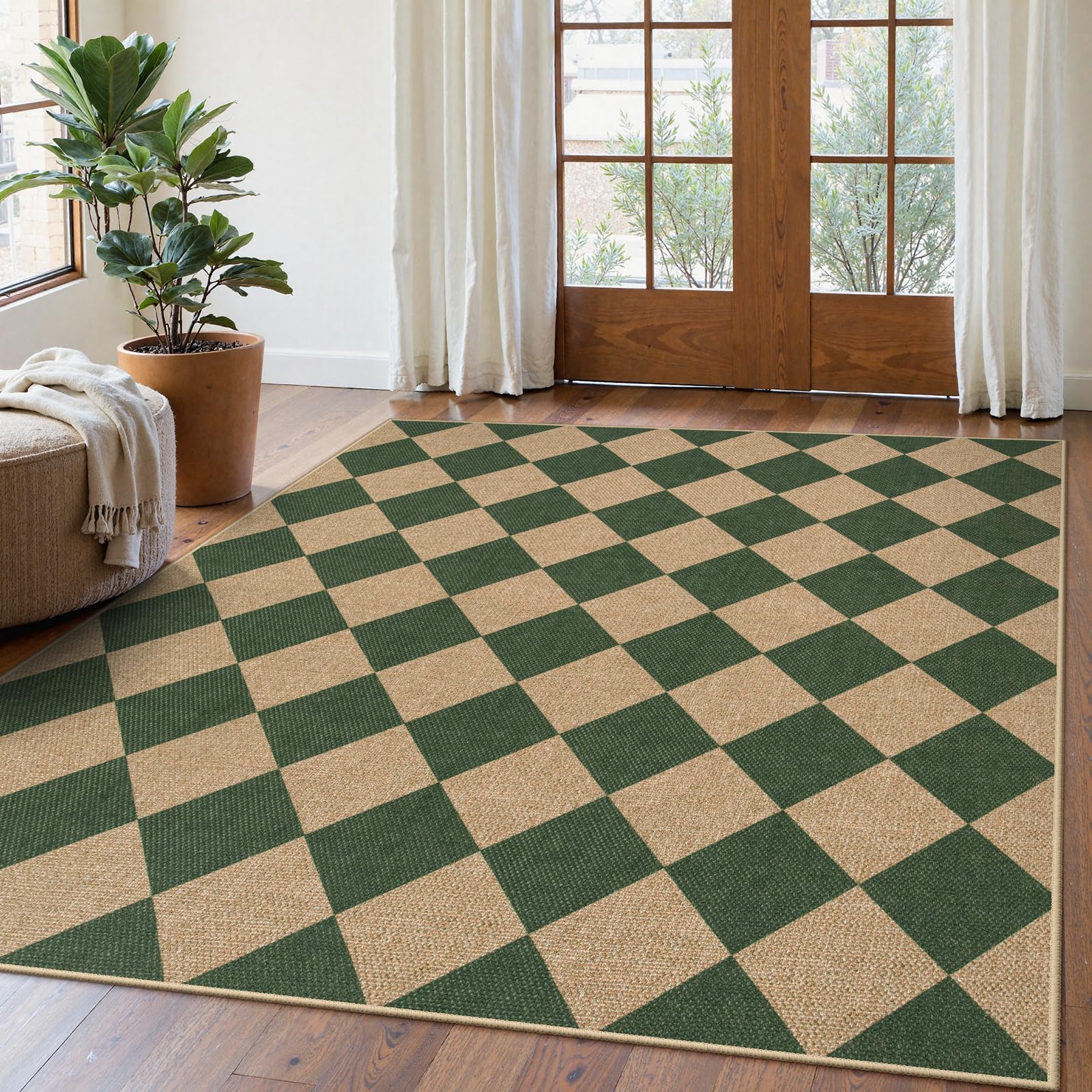 Lahome Checkered Easy Jute 5x7 Area Rugs, Washable Outdoor Patio Rug for Living Room Diamond Indoor Outdoor Carpet, Farmhouse Geometric Non Slip Black Carpet for Backyard Dining Room