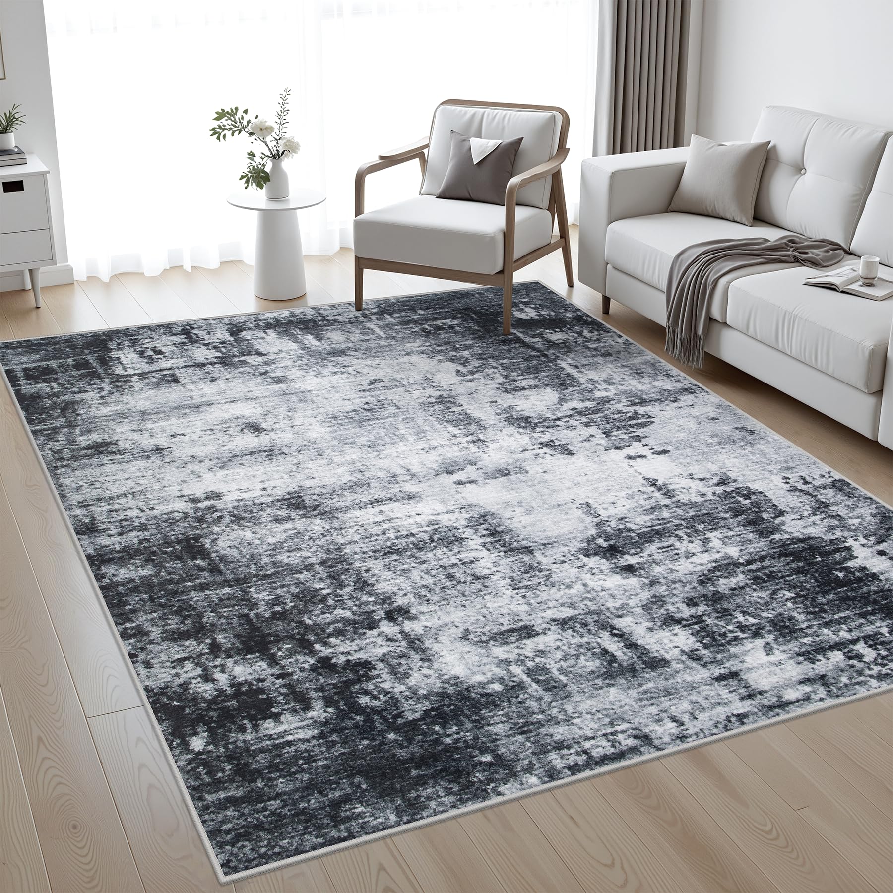 5x7 Area Rug Living Room Rug: Washable Modern Abstract Soft Thin Rug Indoor Floor No Slip Stain Resistant Carpet for Bedroom Dining Room Farmhouse Nursery Home Office - Black