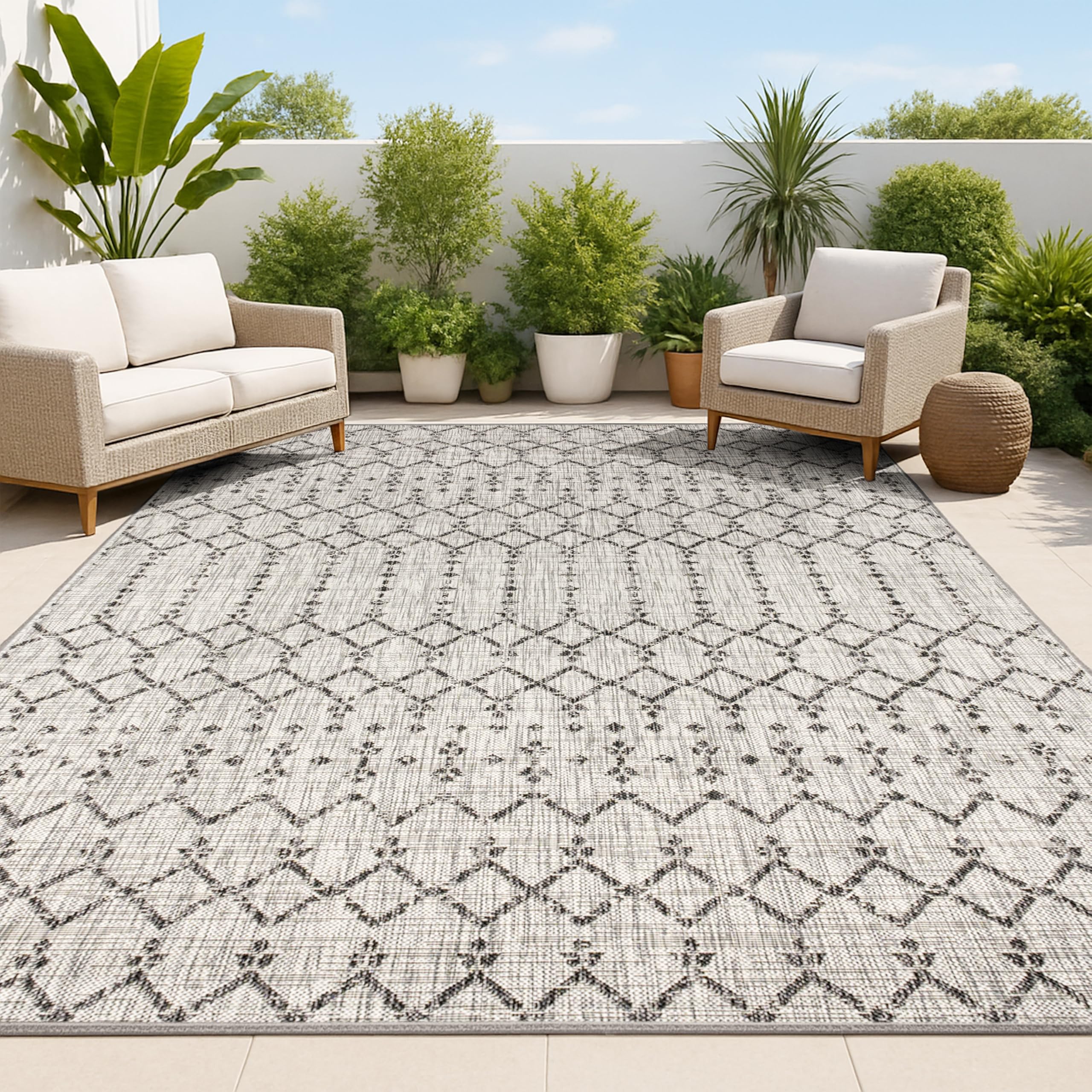 JONATHAN Y Moroccan Geometric Indoor Outdoor Area Rug 8X10 Natural/Black, Ourika Textured Weave for Backyard, Patio, Porch, Easy-Cleaning, High Traffic, Pet-Friendly, Non-Shedding (SMB108D-8)