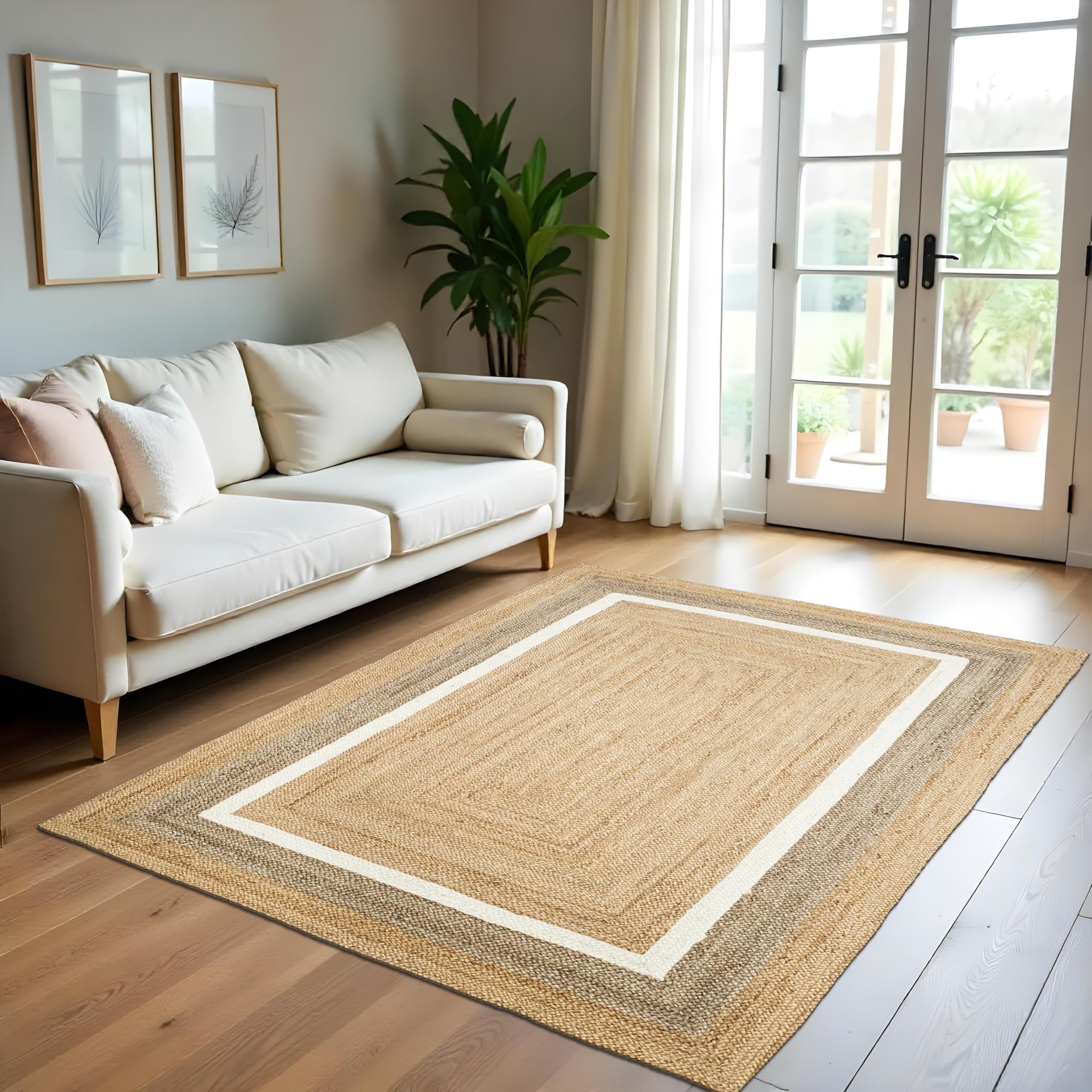 voyzz home 6X9 Feet-Oval, Premium Natural Jute High Traffic Braided Area Rug, Stain Resistance, Handmade Rug for Entryways, Living Room, Dining Room, Bedroom, Farmhouse (Natural & Grey & Ivory)