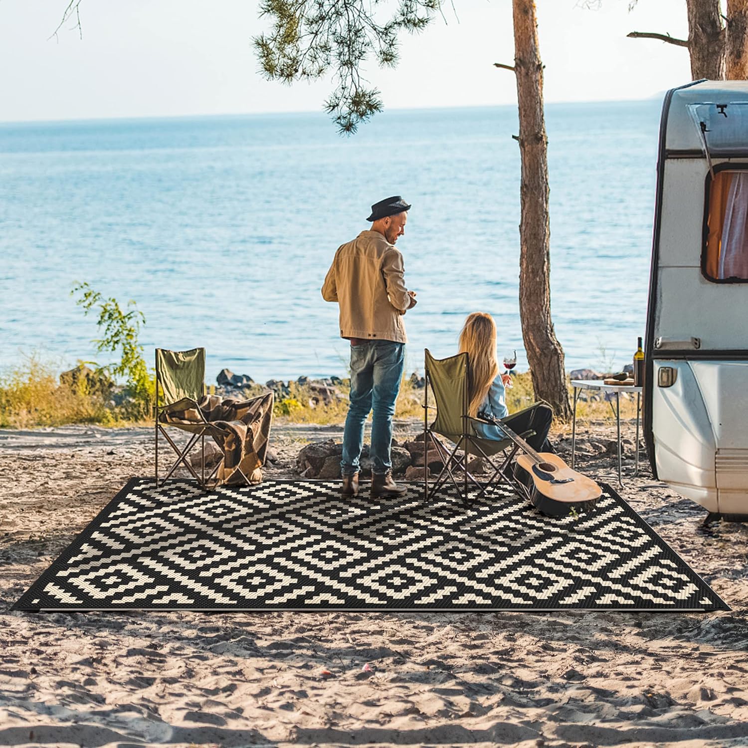 GENIMO Outdoor Rug for Patio Clearance,6'x9' Waterproof Mat,Reversible Plastic Camping Rugs,Rv,Deck,Porch,Camper,Balcony,Backyard (Black & Beige)