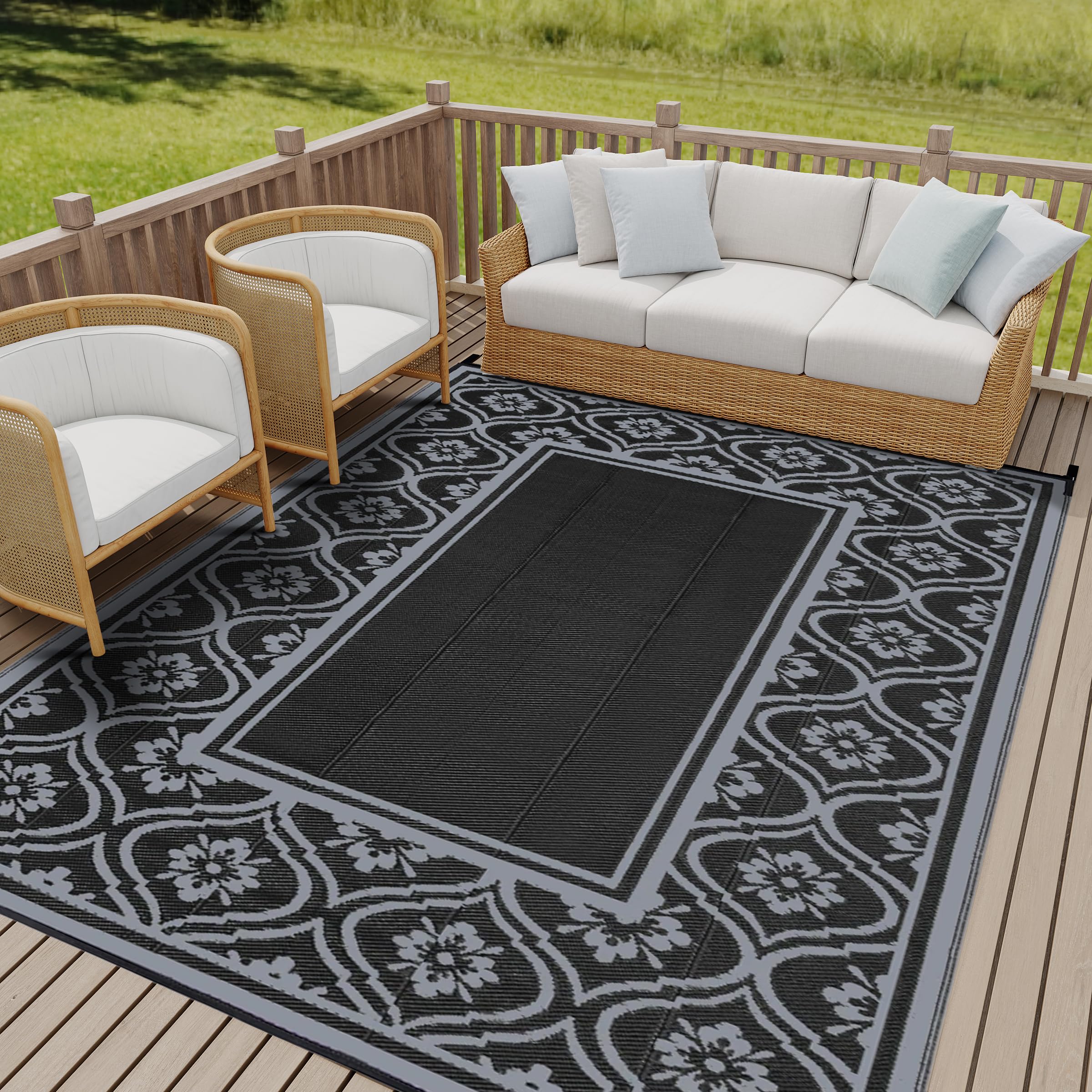 HUGEAR Outdoor Rug for Patios Clearance,Waterproof Mat,Large Outside Carpet,Reversible Plastic Straw Camping Rugs,Rv,Porch,Deck,Camper,Balcony,Backyard (9x12,Checkered/Black&Beige)