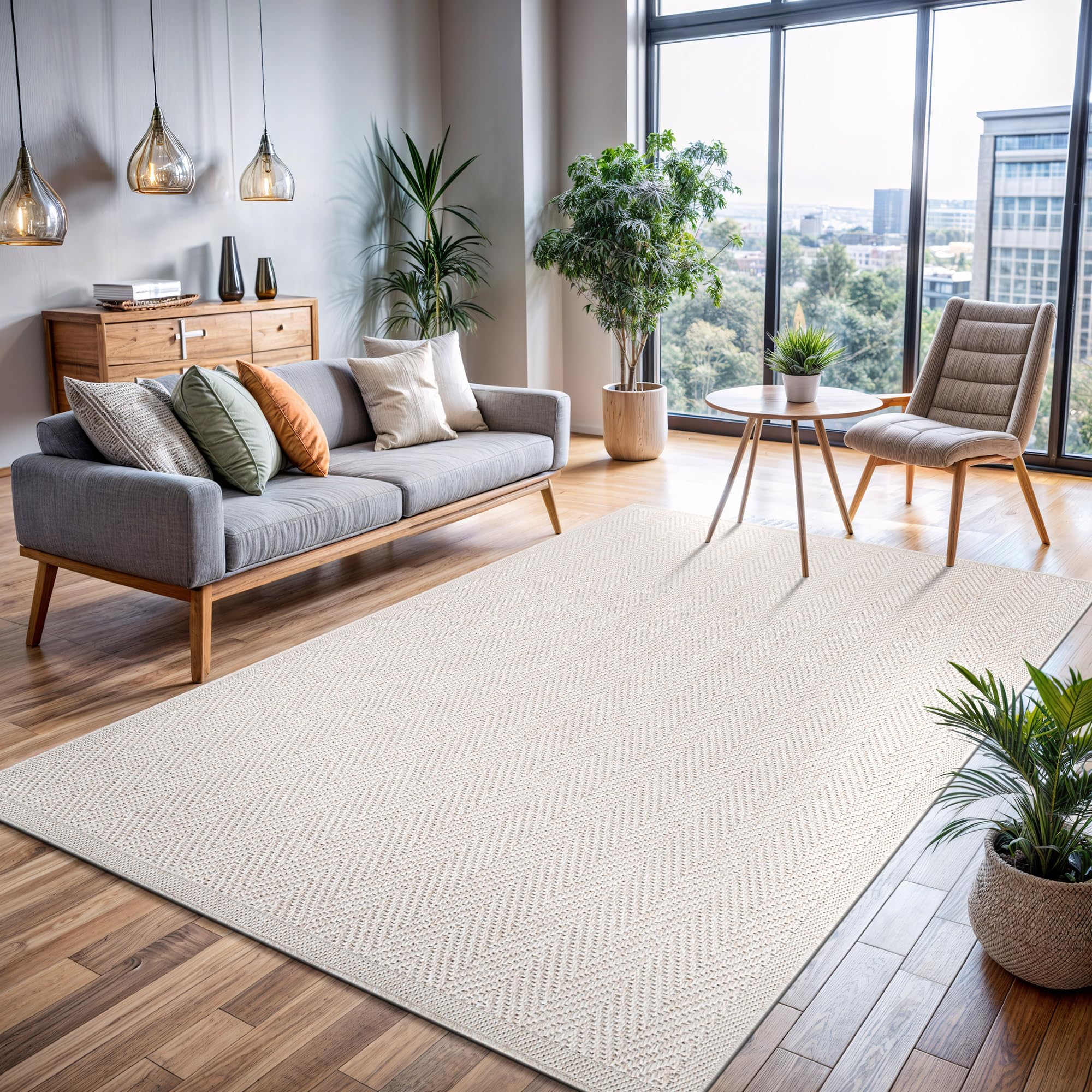 CAMILSON Easy Jute Rug 5x7, Indoor Outdoor Natural Color Fiber Area Rugs for Living Room Patio and Kitchen Rug Herringbone Seagrass Woven Design Easy-Cleaning Washable Outside Carpet Alfombras 5 x 7