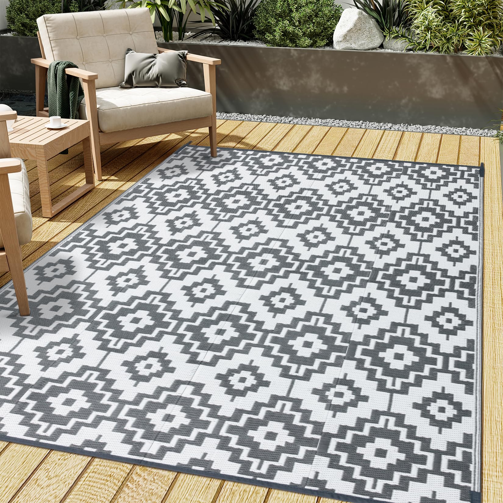 HUGEAR Outdoor Rug for Patios Clearance,Waterproof Mat,Large Outside Carpet,Reversible Plastic Straw Camping Rugs,Rv,Porch,Deck,Camper,Balcony,Backyard (9x12,Checkered/Black&Beige)