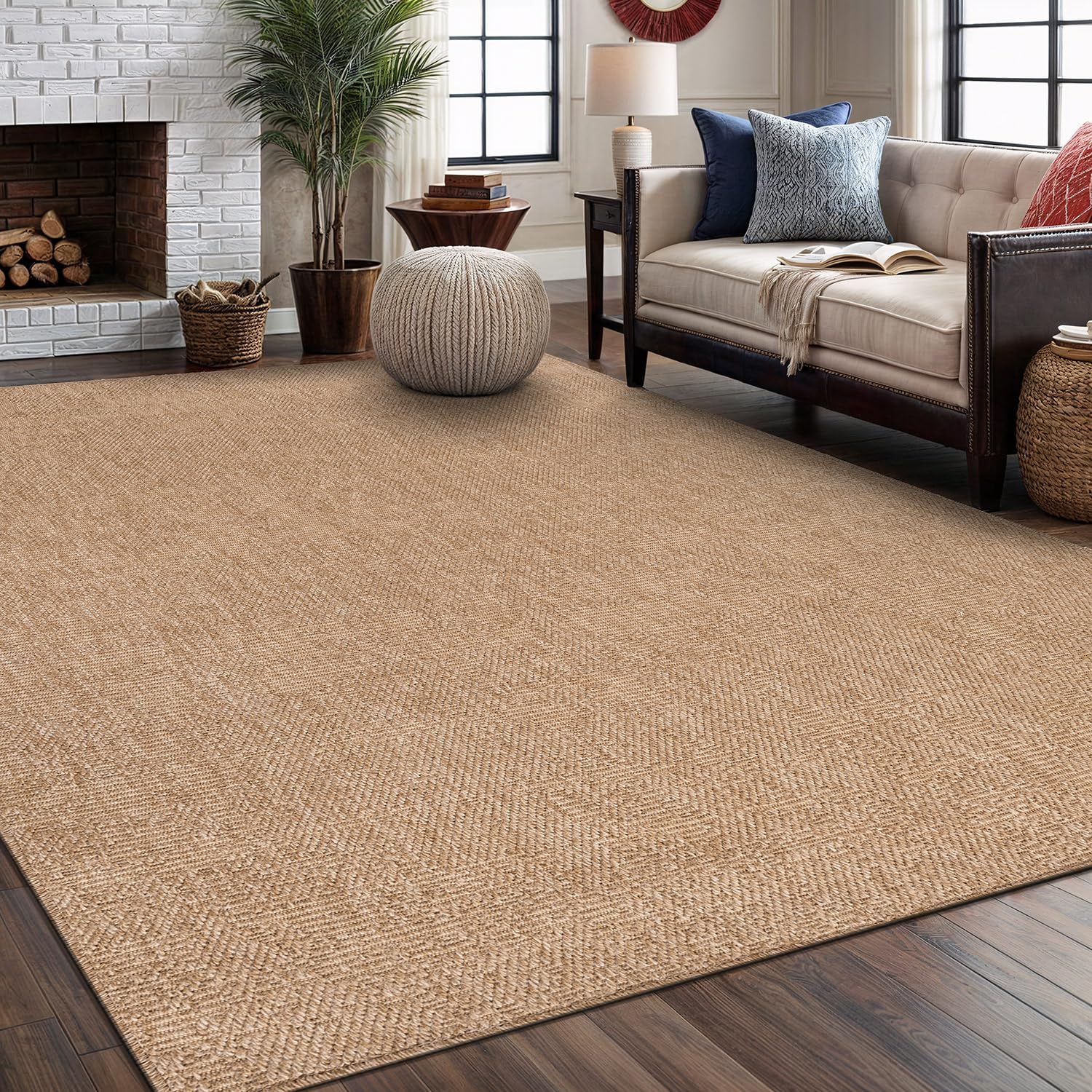 Washable Easy Jute Rug 5x7, Indoor Outdoor Rugs Natural Color Farmhouse Area Rugs for Living Room, Kitchen, High Traffic Area, Easy to Clean Solid Boho Woven Design Outside Carpet (5 X 7 Natural)