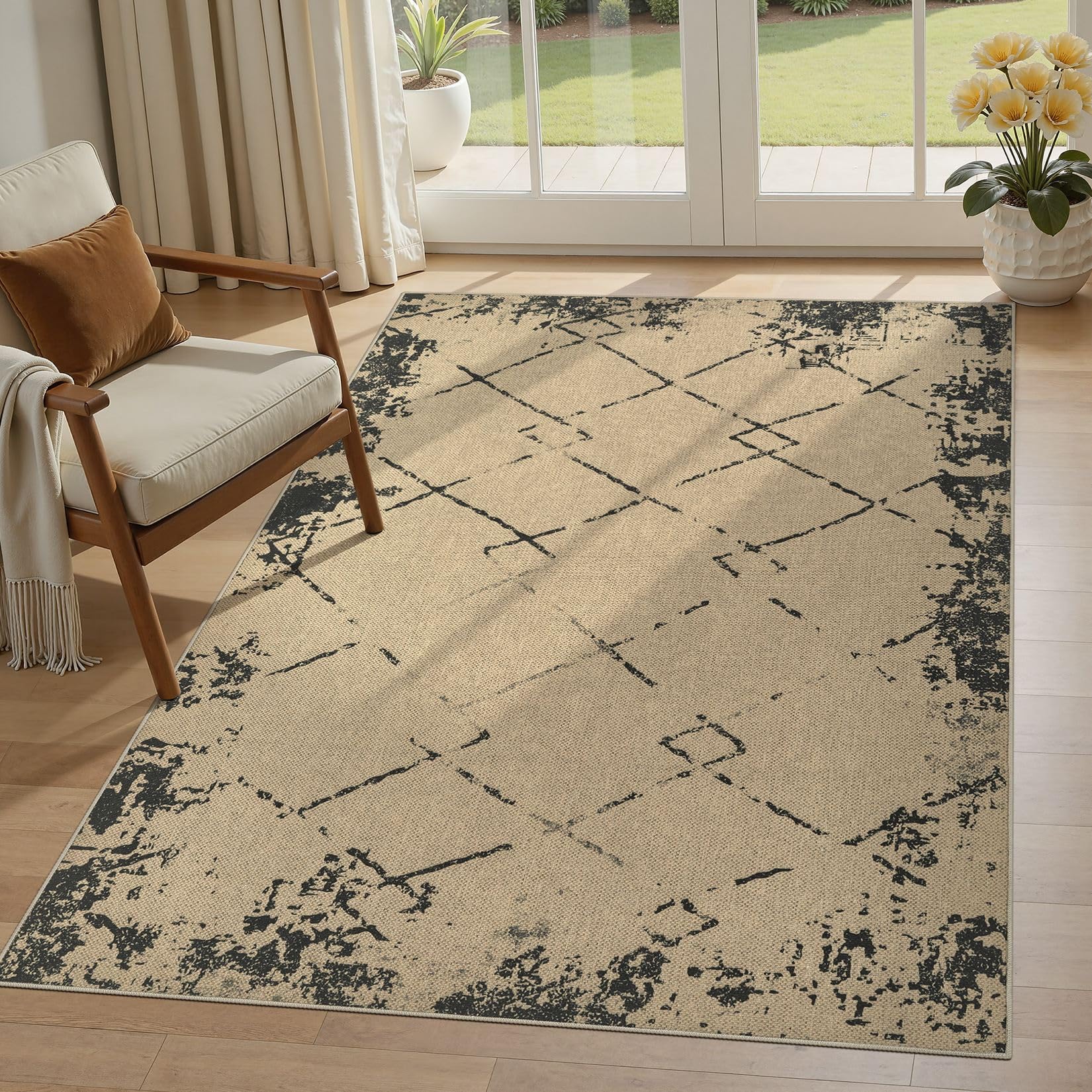 5x7 Outdoor Jute Area Rug Patio, Farmhouse Rugs for Living Room Backyard Machine Washable Non Slip, Pet Friendly Indoor Geometric Carpet for Dining Room - Brown