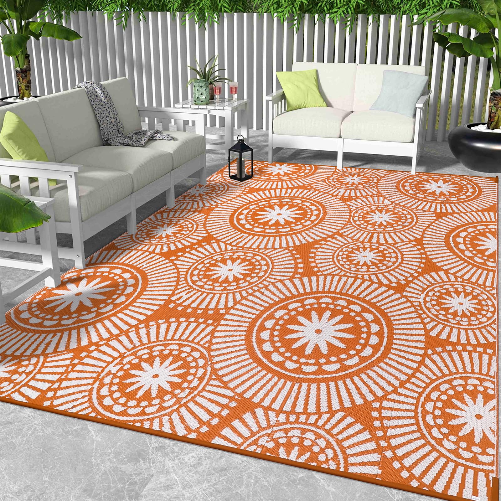 Ileading Reversible Plastic Outdoor Rug Modern Geometric Style Patio Straw Mat Waterproof Deck Carpets Non Shedding Portable Area Rugs for RV Beach Backyard Outside Pool Picnic Camping(6'x9'Grey)