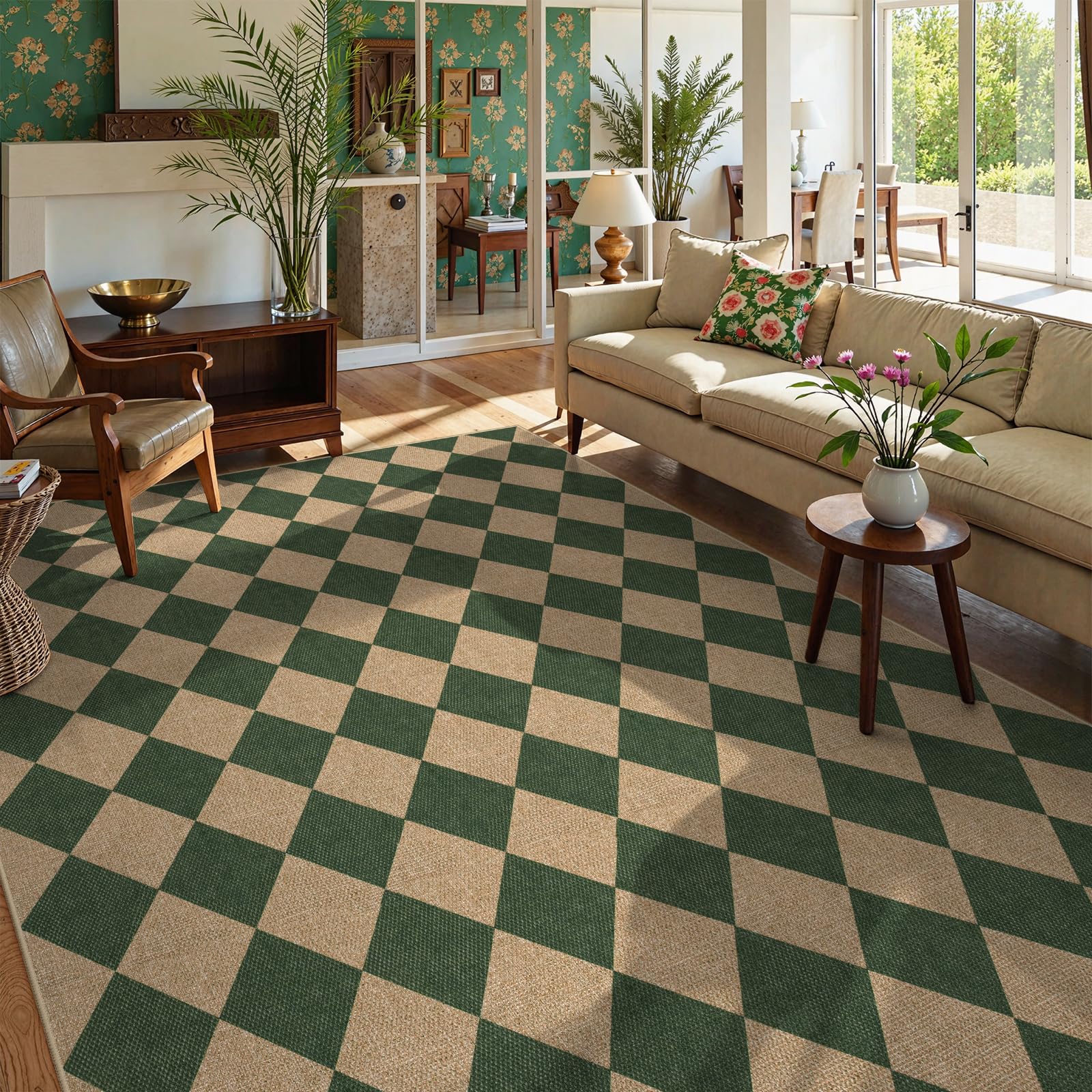 Lahome Checkered Easy Jute 5x7 Area Rugs, Washable Outdoor Patio Rug for Living Room Diamond Indoor Outdoor Carpet, Farmhouse Geometric Non Slip Black Carpet for Backyard Dining Room