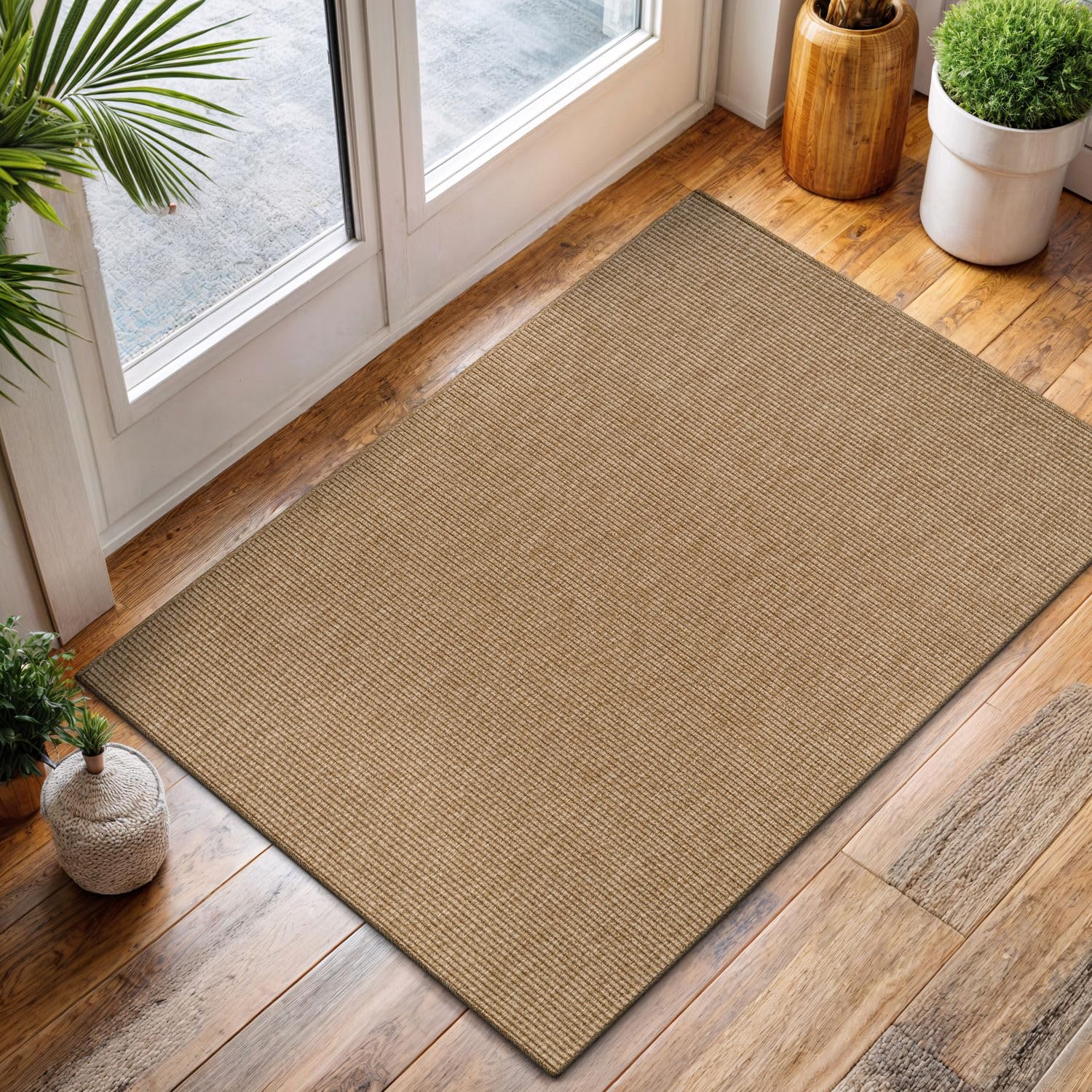 CAMILSON Easy Jute Rug 5x7, Indoor Outdoor Natural Color Fiber Area Rugs for Living Room Patio and Kitchen Rug Herringbone Seagrass Woven Design Easy-Cleaning Washable Outside Carpet Alfombras 5 x 7