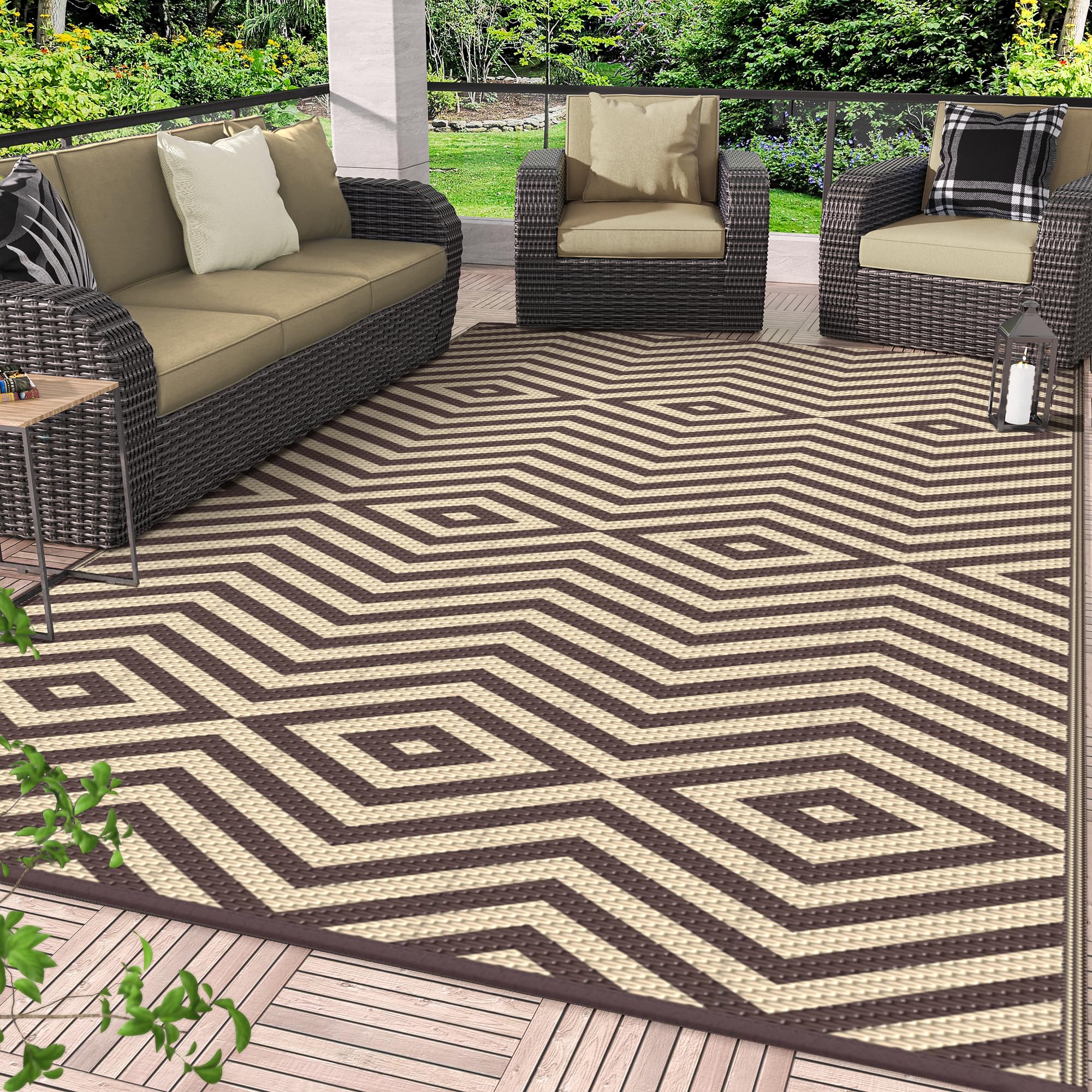 GENIMO Outdoor Rug for Patio Clearance,6'x9' Waterproof Mat,Reversible Plastic Camping Rugs,Rv,Deck,Porch,Camper,Balcony,Backyard (Black & Beige)