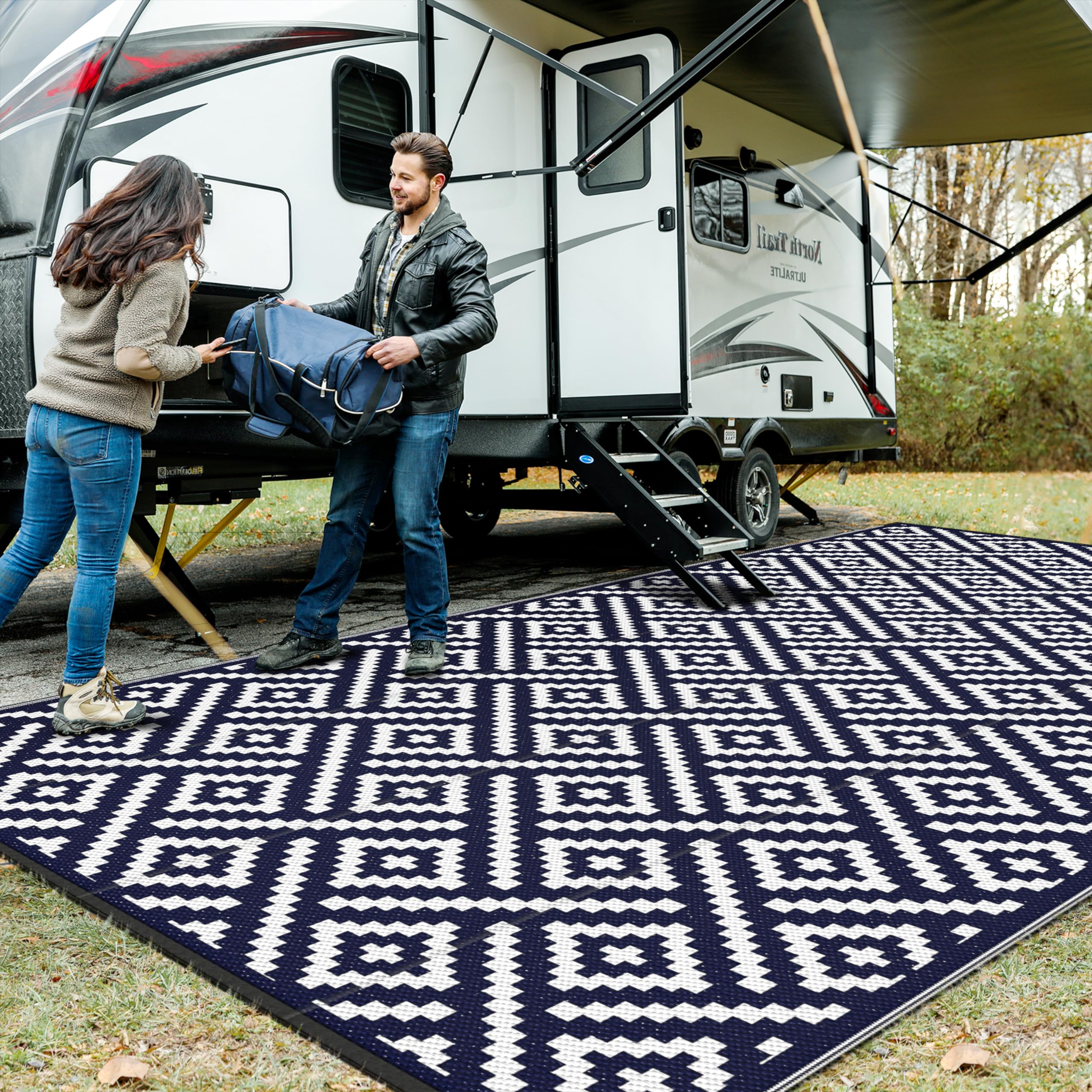 GENIMO 5x8 Outdoor Rug Waterproof, Reversible Mats, Area Rug, Plastic Outside Carpet, Geometric Rv Mat for Patio Camping Rv Picnic Backyard Deck Balcony Porch Beach Trailer (Black & Brown)