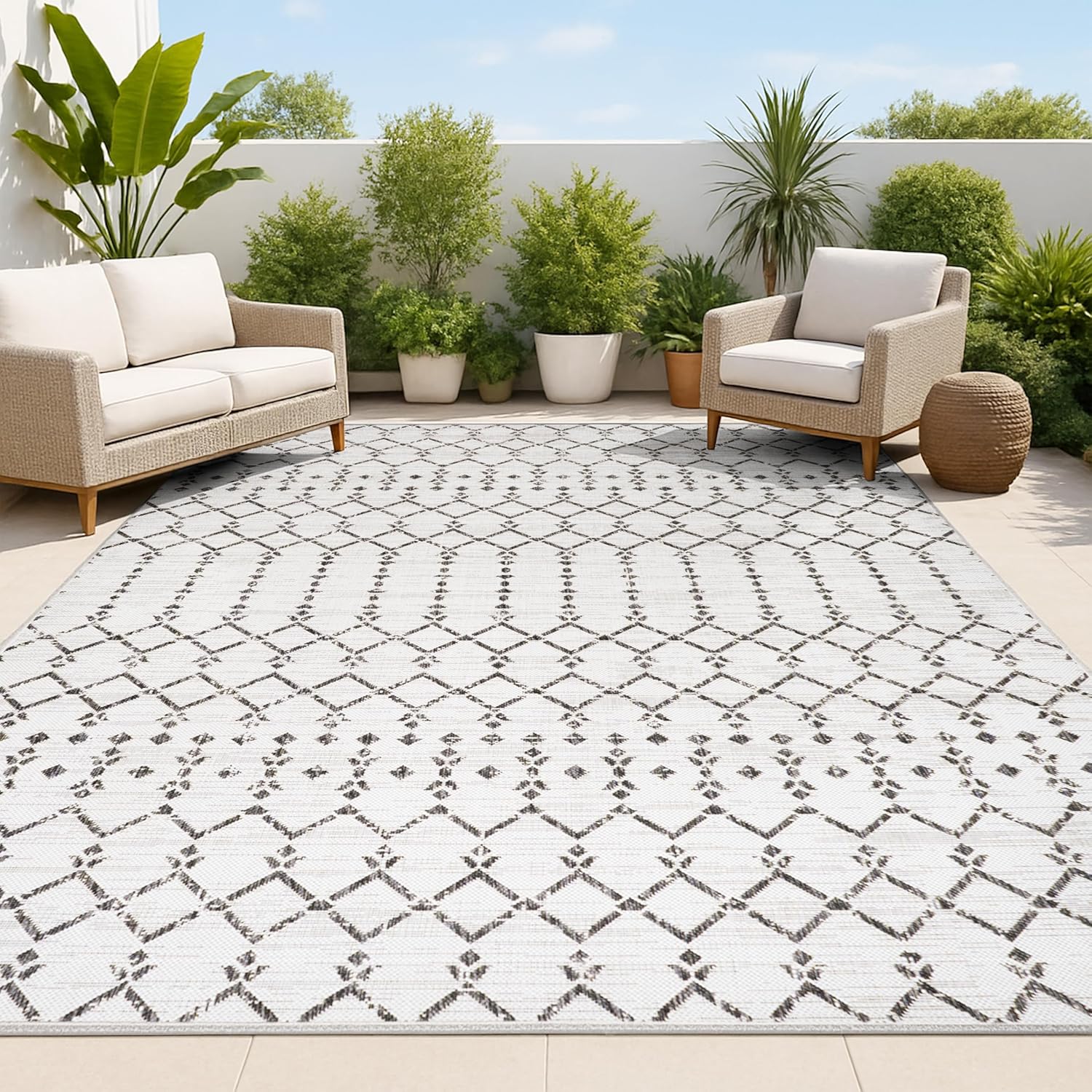 JONATHAN Y Moroccan Geometric Indoor Outdoor Area Rug 8X10 Navy/Light Gray, Ourika Textured Weave for Backyard, Patio, Porch, Easy-Cleaning, High Traffic, Pet-Friendly, Non-Shedding (SMB108B-8)