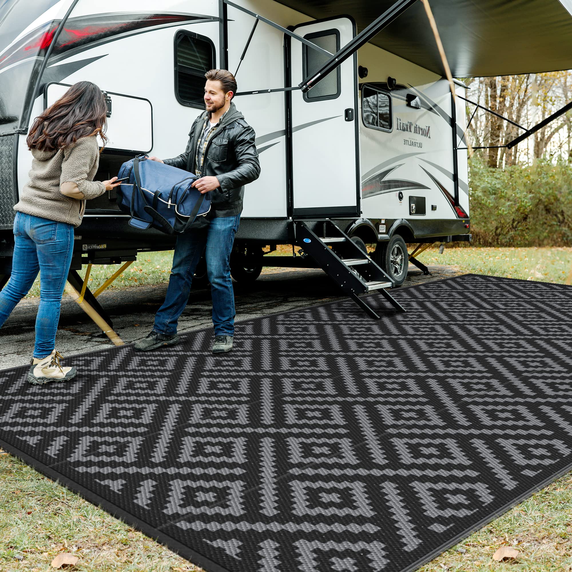 GENIMO Outdoor Rug for Patio Clearance,6'x9' Waterproof Mat,Reversible Plastic Camping Rugs,Rv,Deck,Porch,Camper,Balcony,Backyard (Black & Beige)