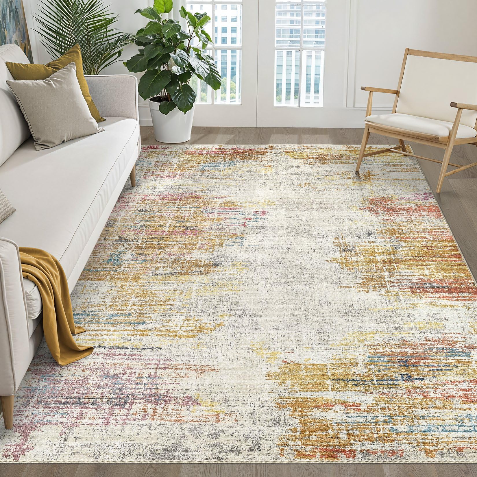 8x10 Area Rugs Living Room: Washable Large Neutral Brown Rug Abstract Soft Modern Stain Resistant Indoor Floor Non-Slip Carpet for Bedroom Nursery Kids Office Playroom Dining Room Under Table Home