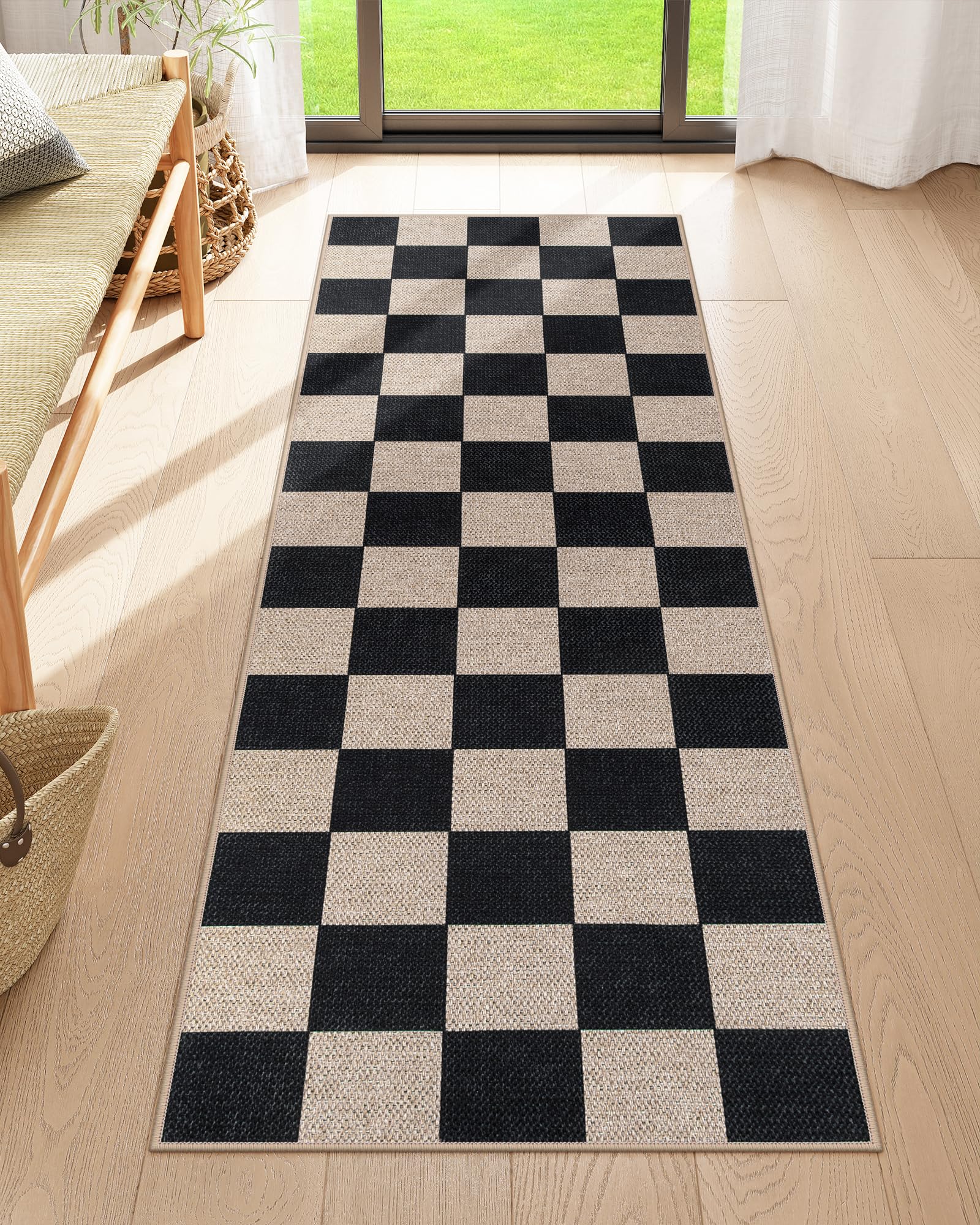 Lahome Checkered Easy Jute 5x7 Area Rugs, Washable Outdoor Patio Rug for Living Room Diamond Indoor Outdoor Carpet, Farmhouse Geometric Non Slip Black Carpet for Backyard Dining Room