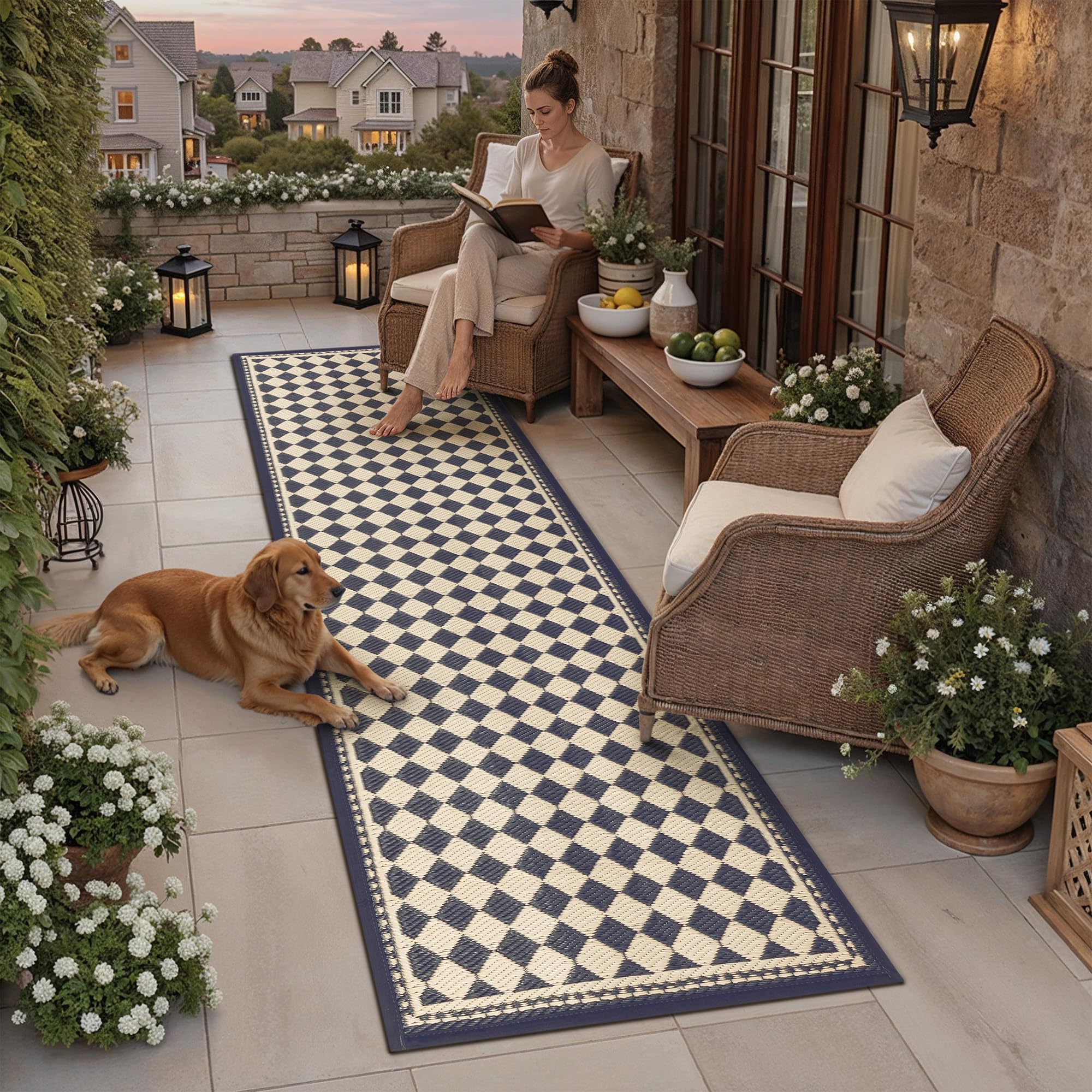 HUGEAR Outdoor Rug for Patios Clearance,Waterproof Mat,Large Outside Carpet,Reversible Plastic Straw Camping Rugs,Rv,Porch,Deck,Camper,Balcony,Backyard (9x12,Checkered/Black&Beige)